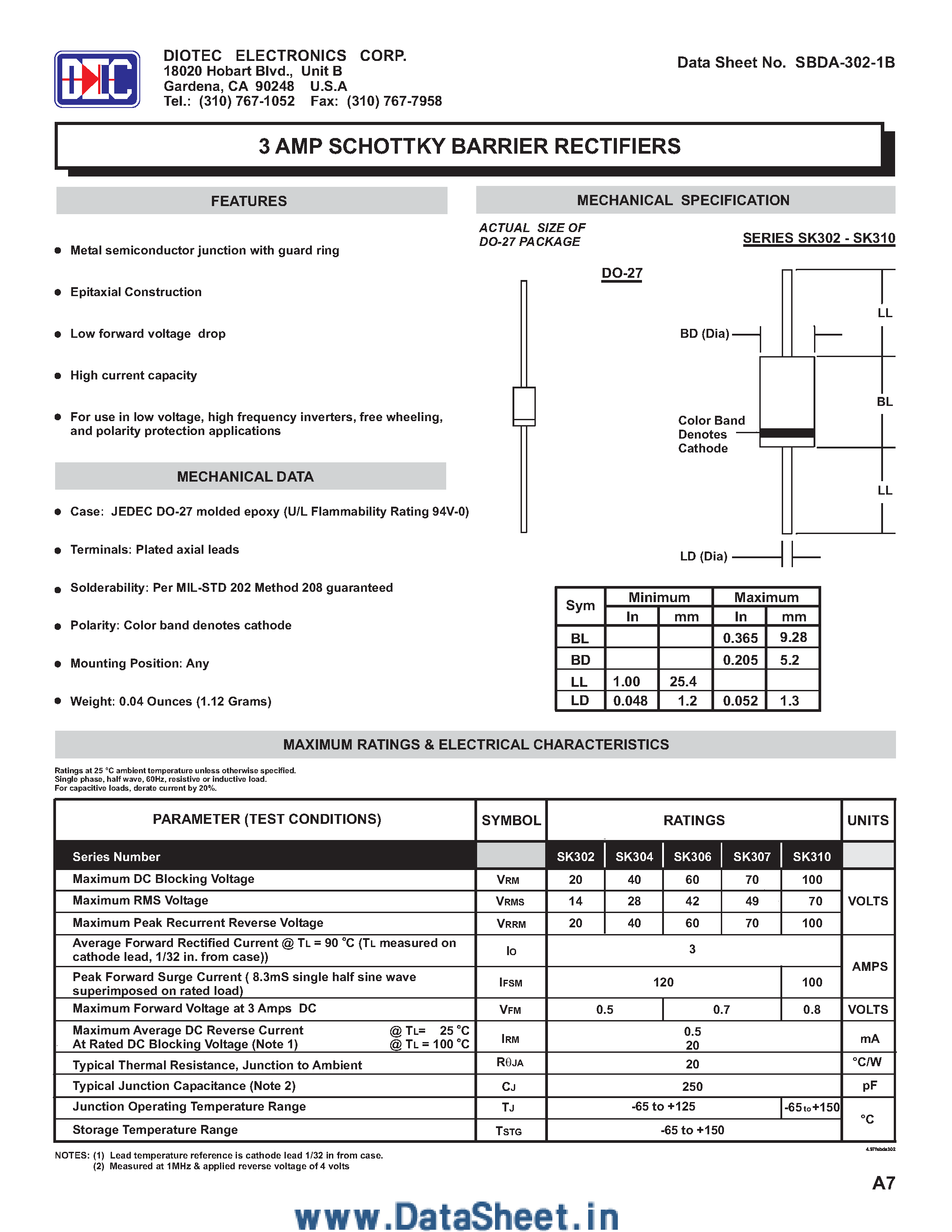 Datasheet SK302 - (SK302 - SK310) RECTIFIER DIODE page 1