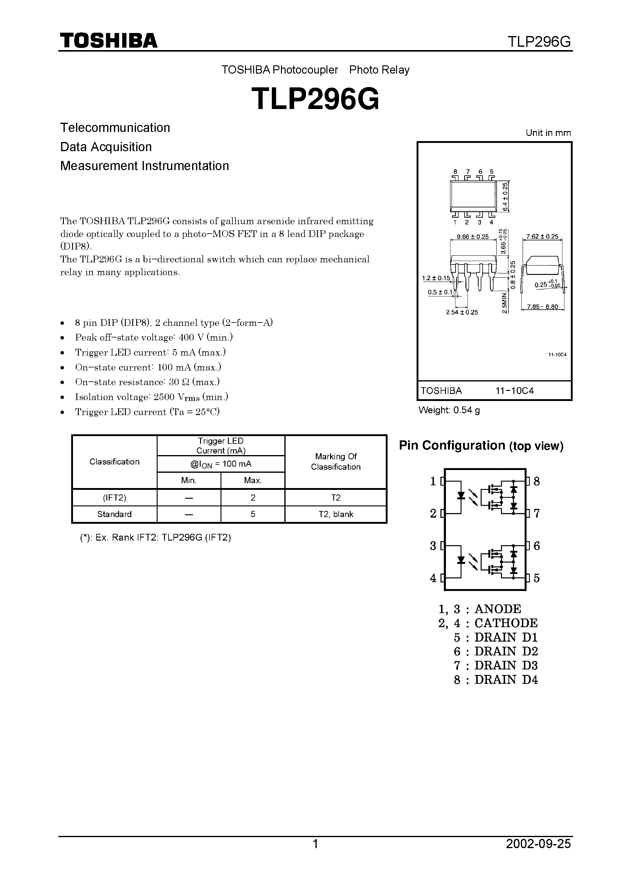 Datasheet TLP296G - TOSHIBA Photocoupler Photo Relay page 1