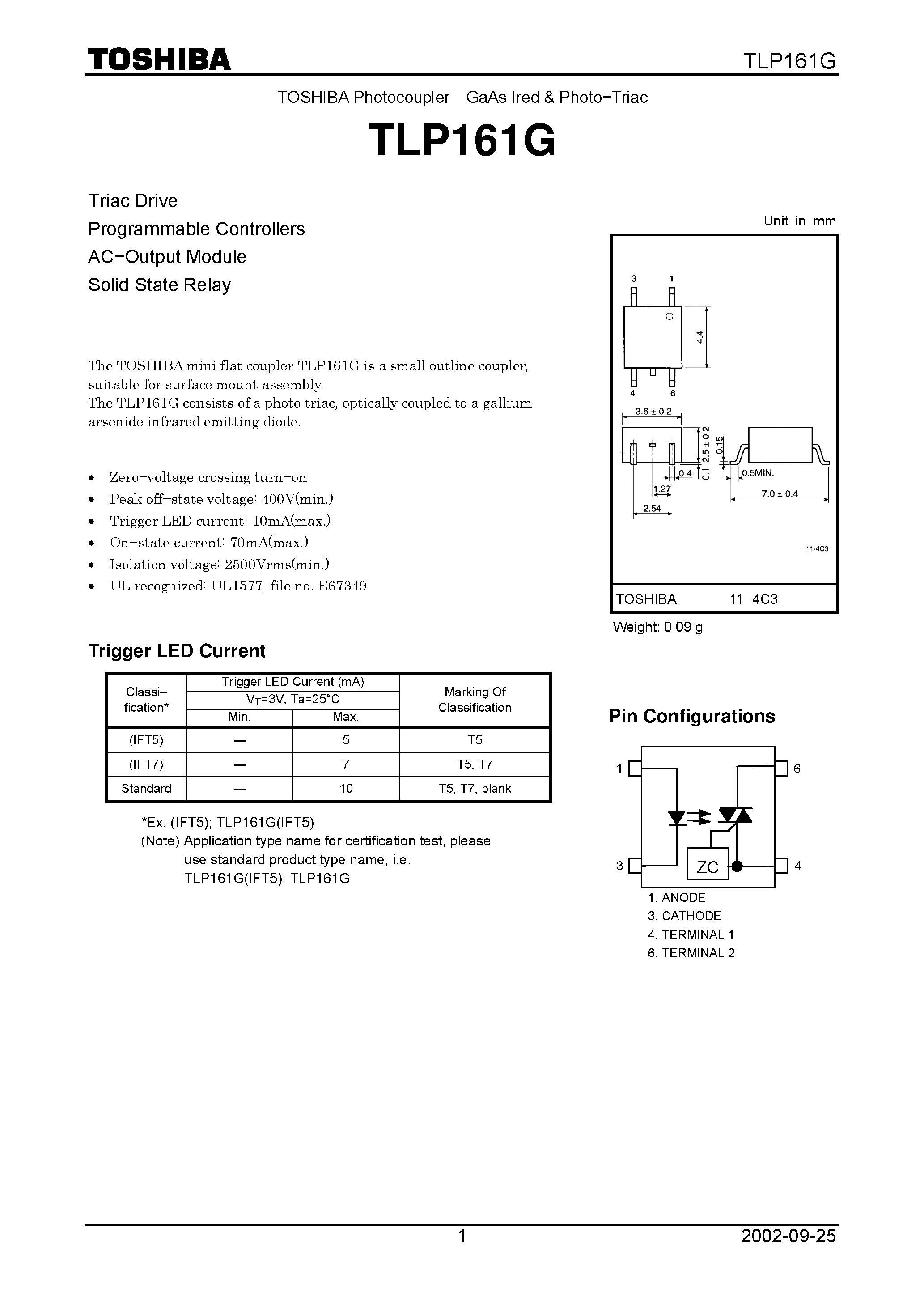Datasheet TLP161G page 1 Datasheet TLP161G - TOSHIBA Photocoupler GaAs Ired & Photo Triac page 1