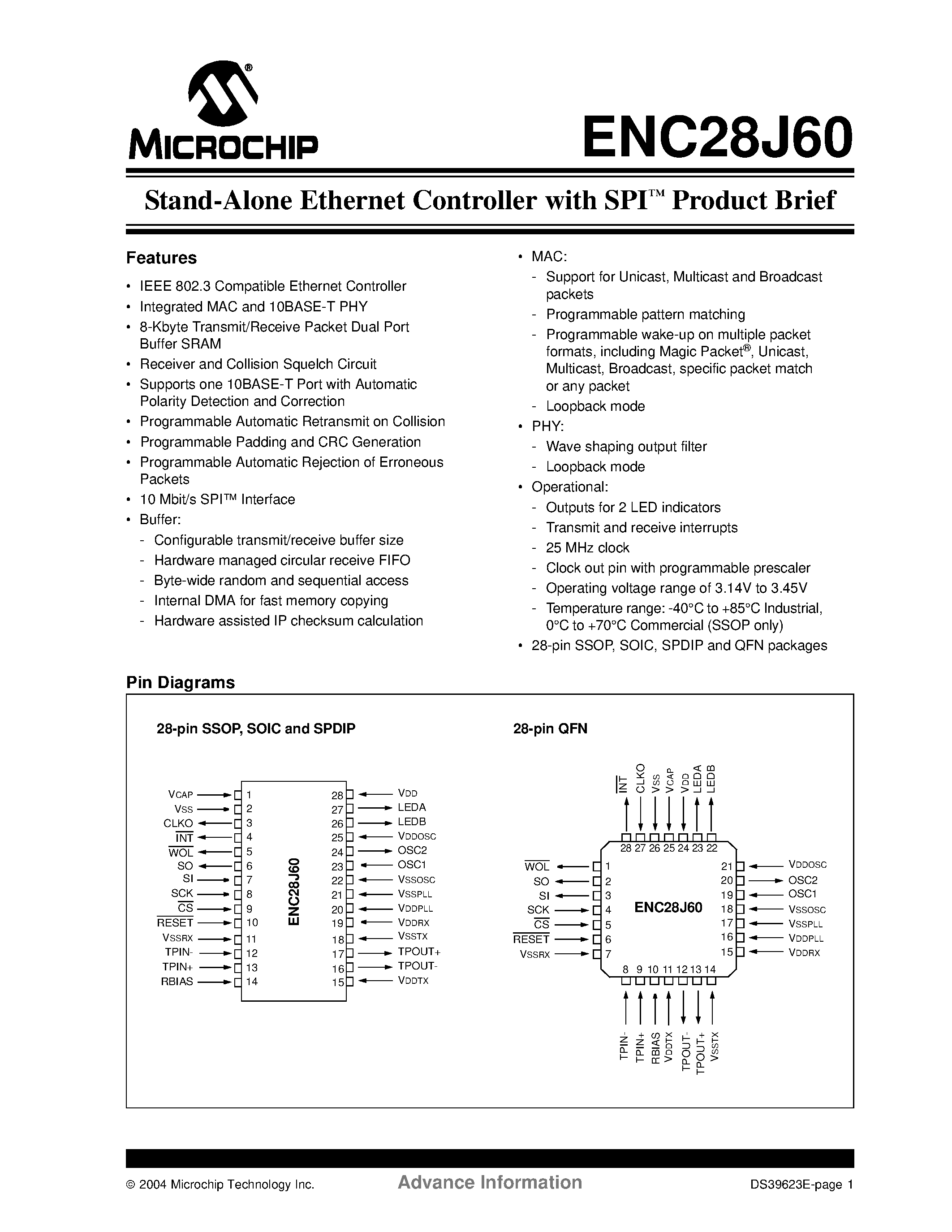 Datasheet ENC28J60 - Stand-Alone Ethernet Controller with SPI Product Brief page 1