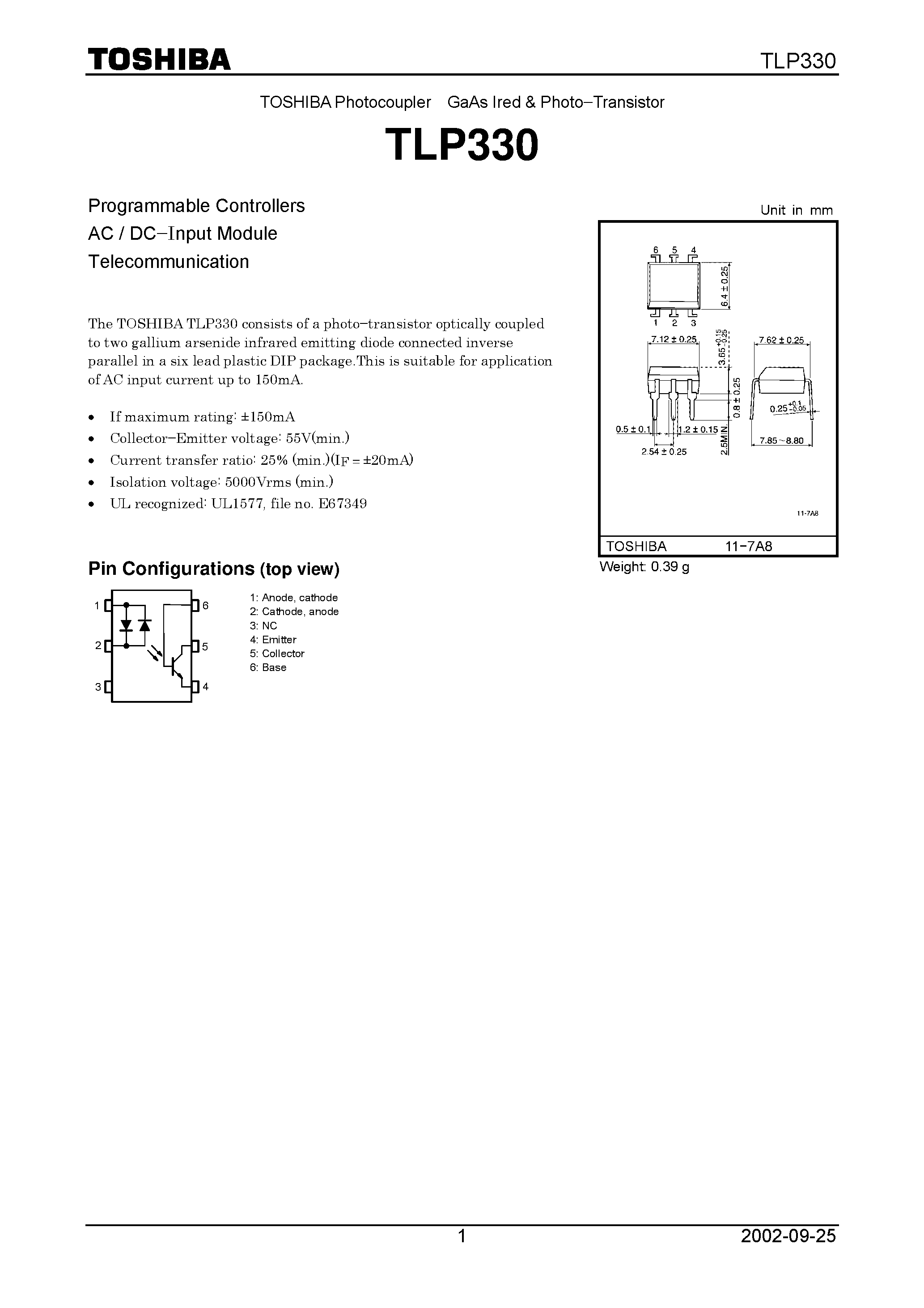 Datasheet TLP330 - TOSHIBA Photocoupler GaAs Ired & Photo Transistor page 1