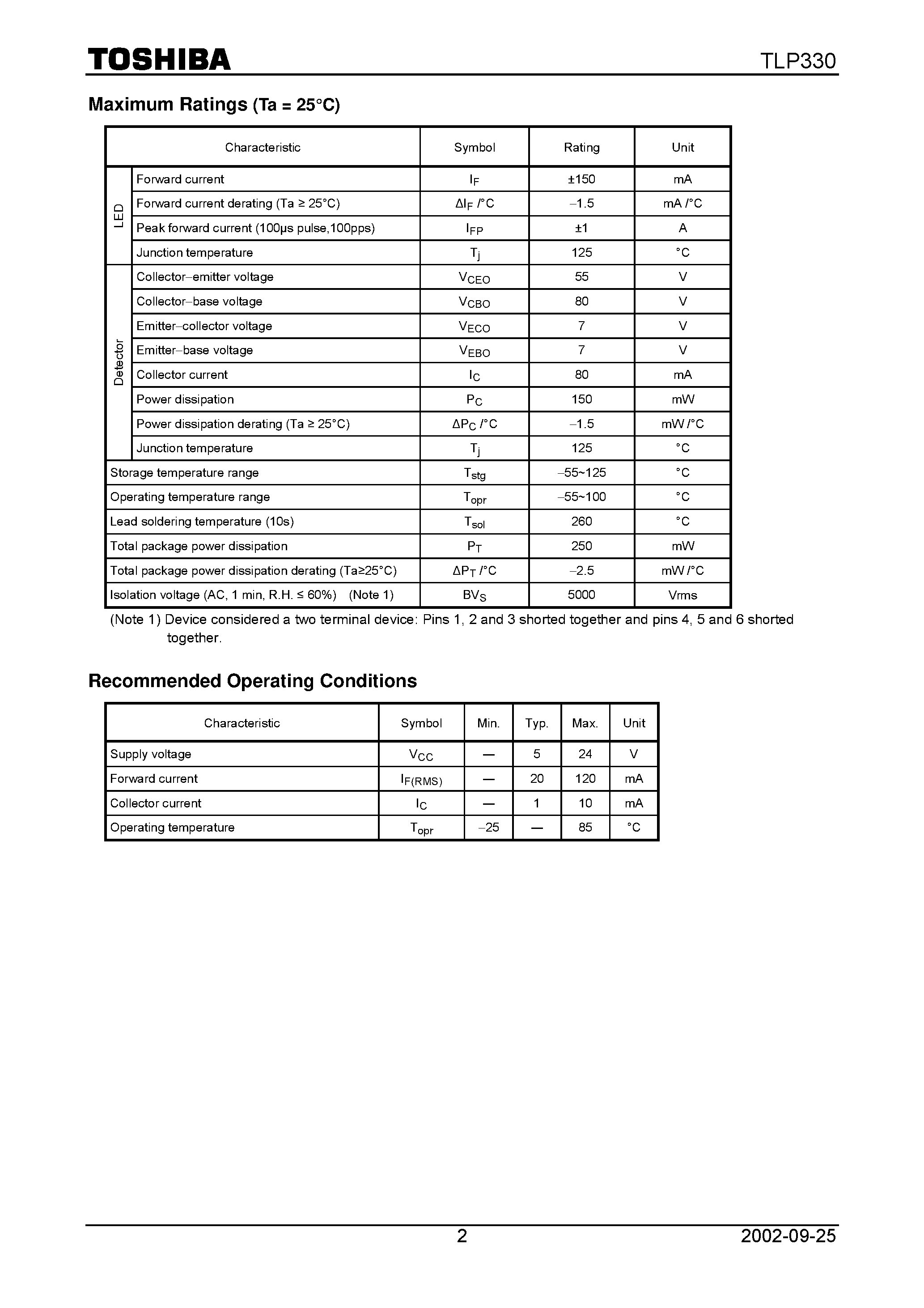 Datasheet TLP330 - TOSHIBA Photocoupler GaAs Ired & Photo Transistor page 2