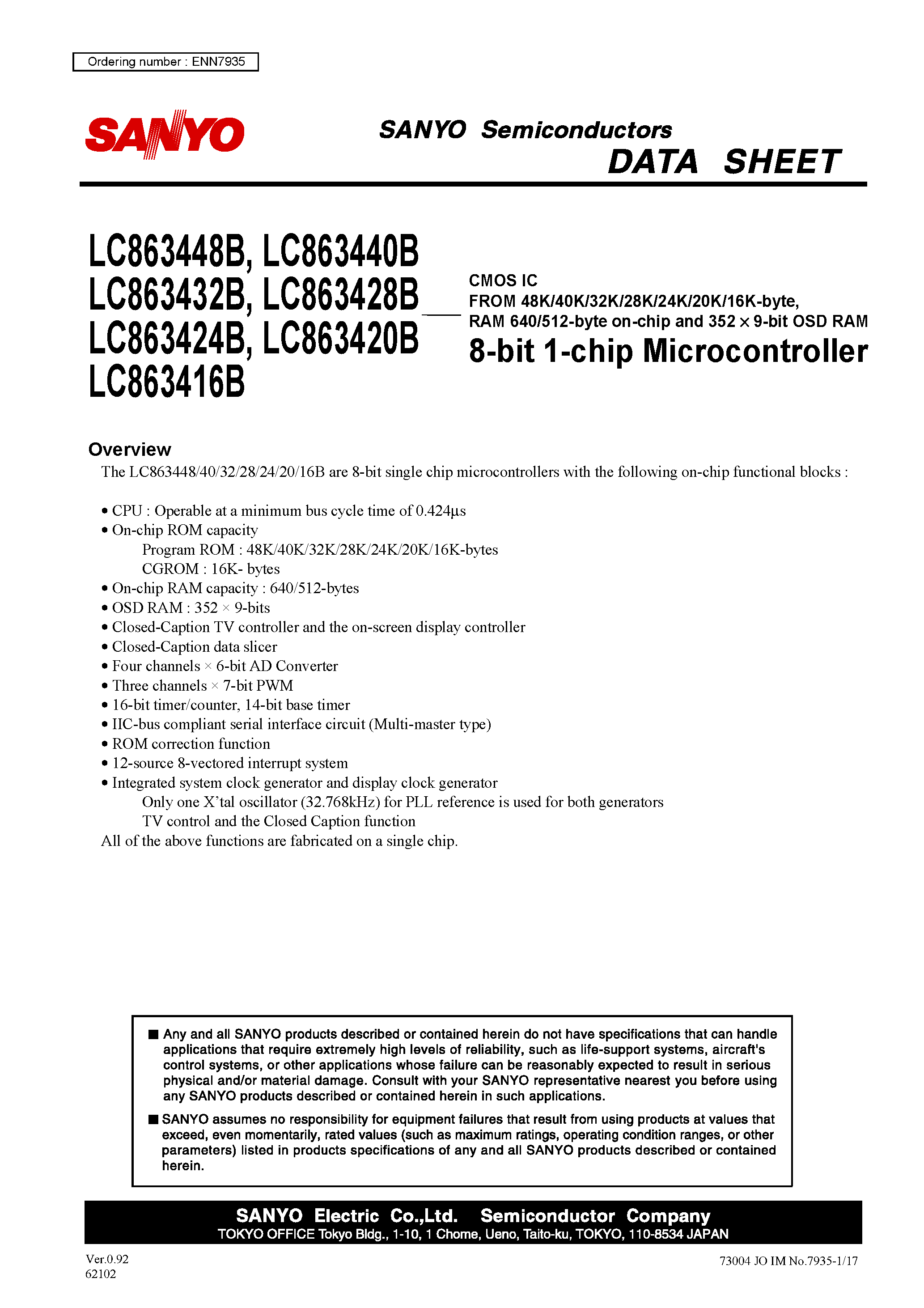 Datasheet LC863416B - (LC8634xxB) 8-bit 1-chip Microcontroller page 1