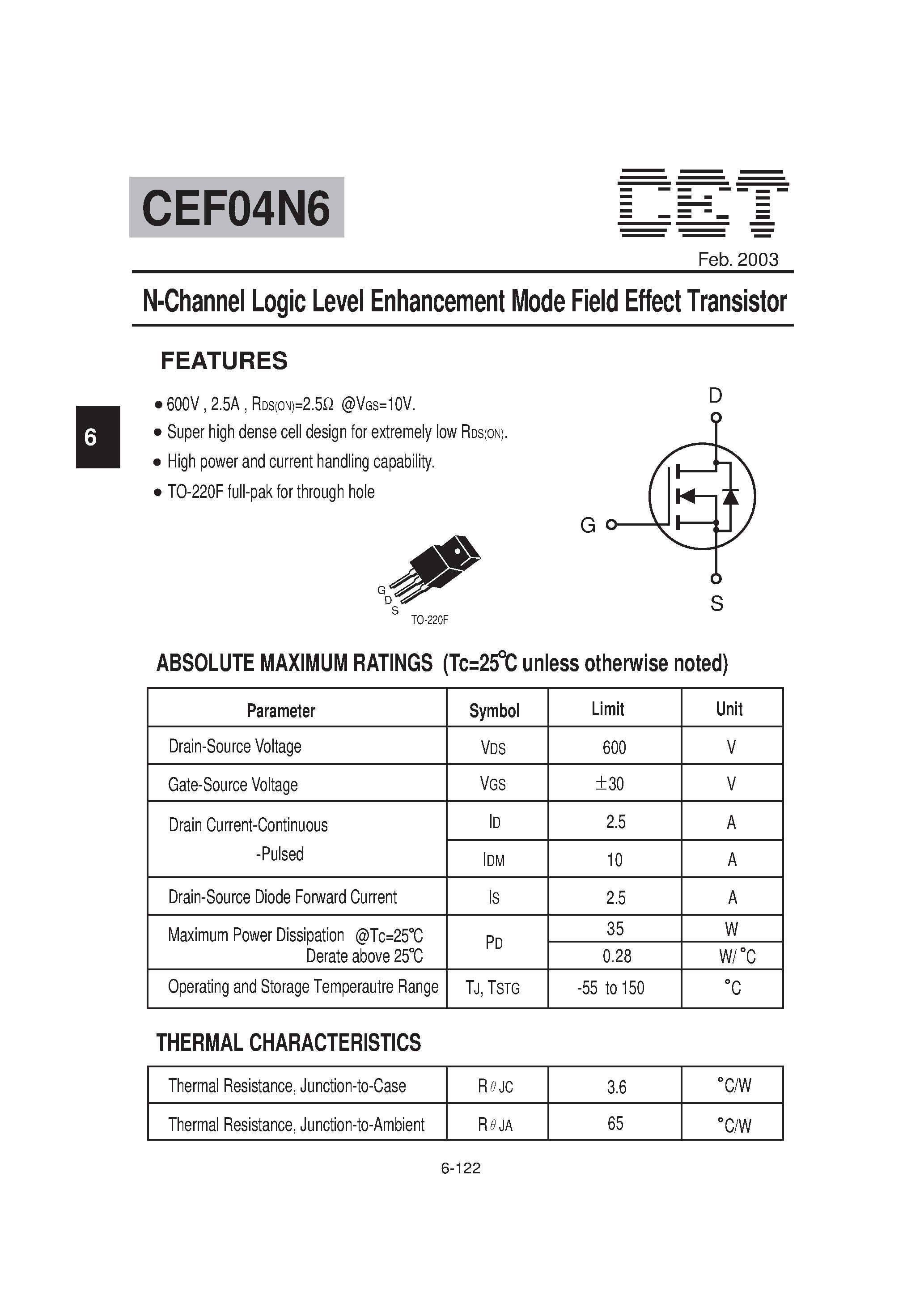 Datasheet CEF04N6 - N-Channel Logic Level Enhancement Mode Field Effect Transistor page 1