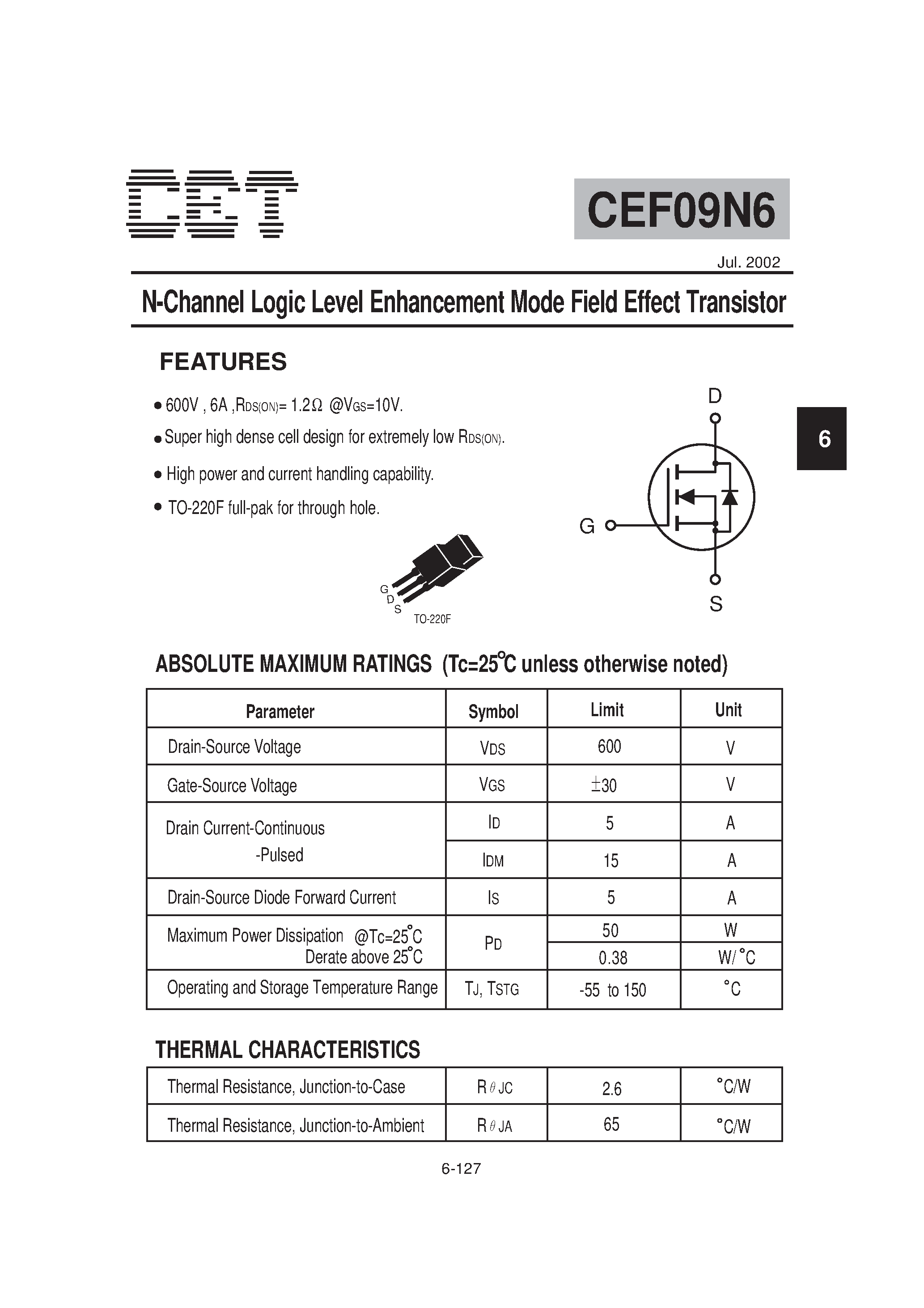 Datasheet CEF09N6 - N-Channel Logic Level Enhancement Mode Field Effect Transistor page 1