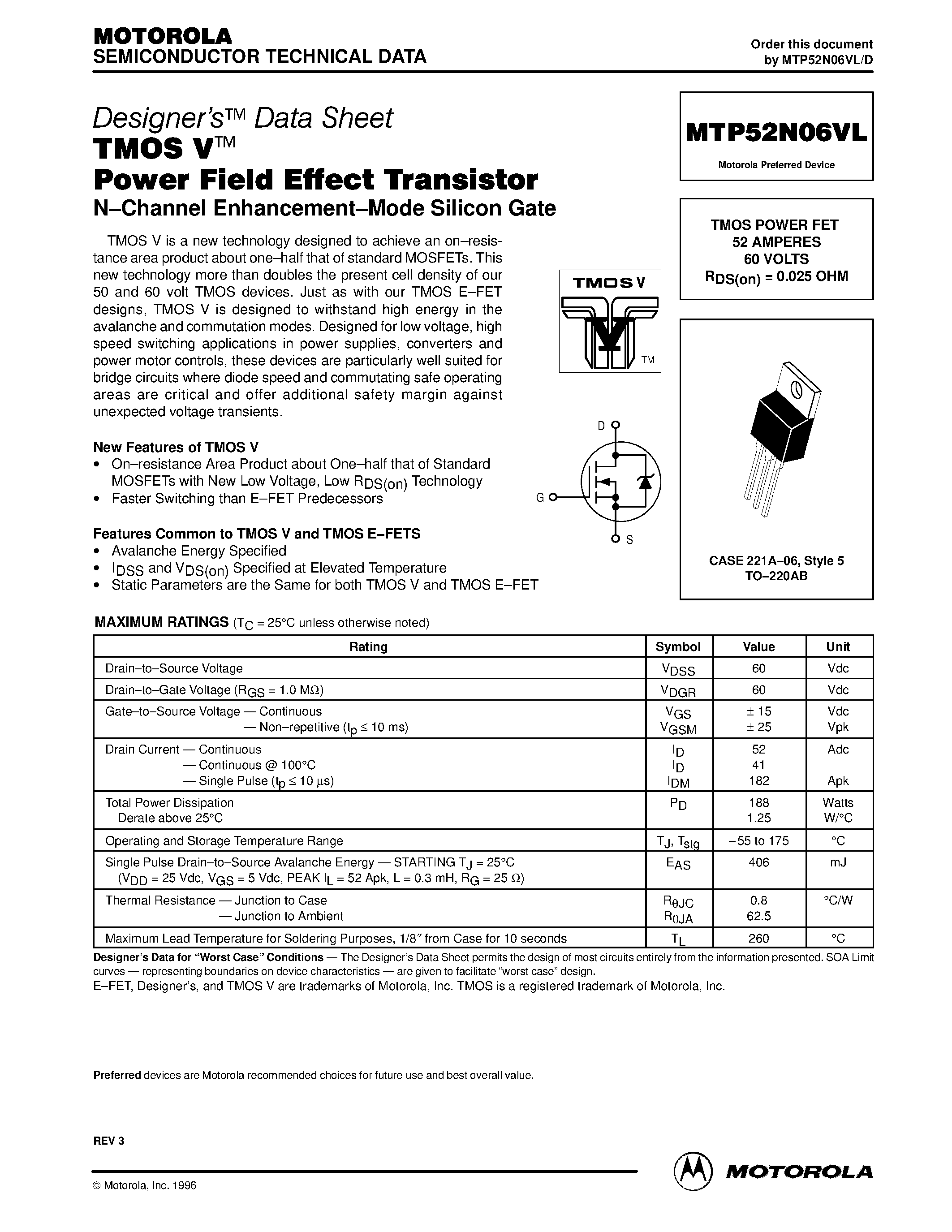 Datasheet MTP52N06VL - TMOS POWER FET 52 AMPERES 60 VOLTS RDS(on) = 0.025 OHM page 1