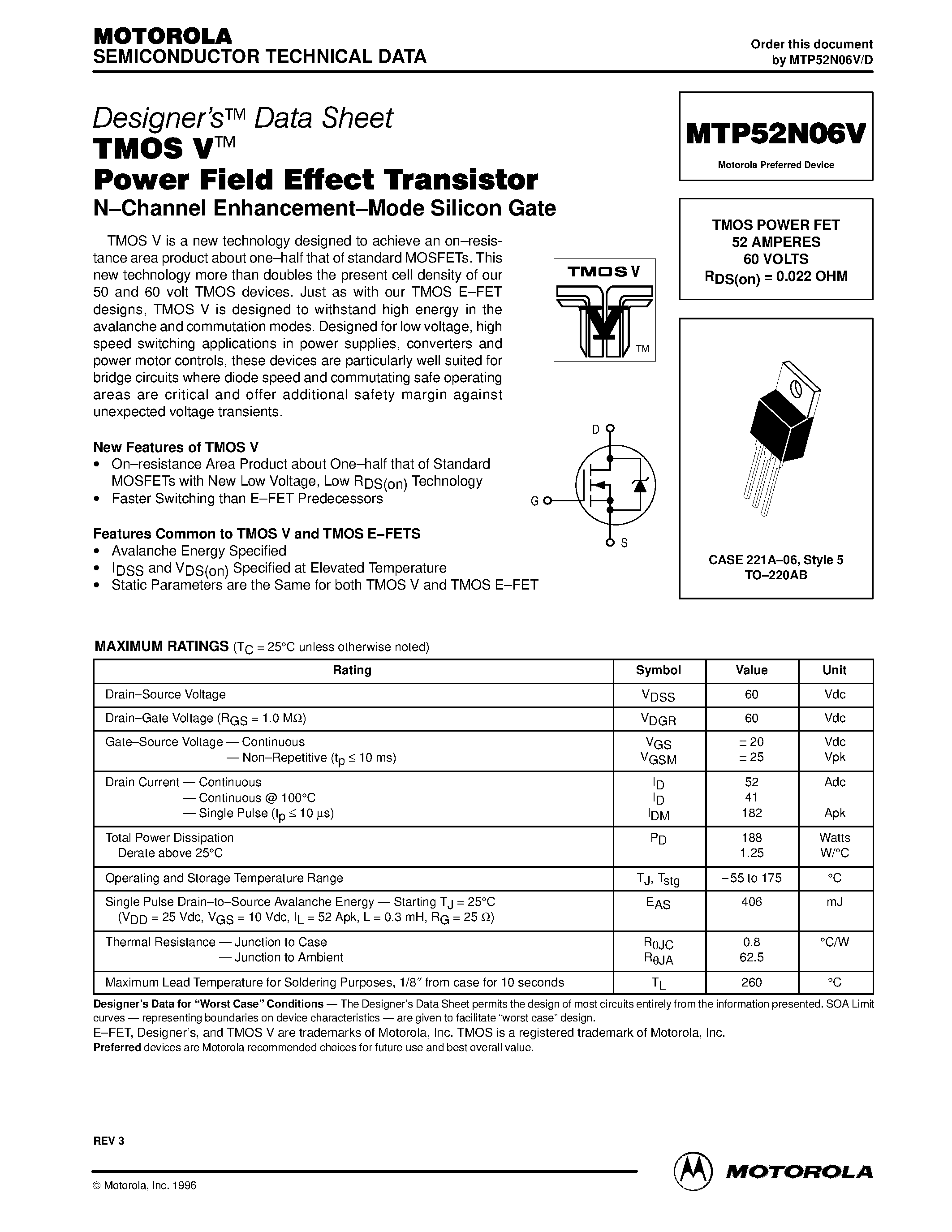 Datasheet MTP52N06V - TMOS POWER FET 52 AMPERES 60 VOLTS RDS(on) = 0.022 OHM page 1