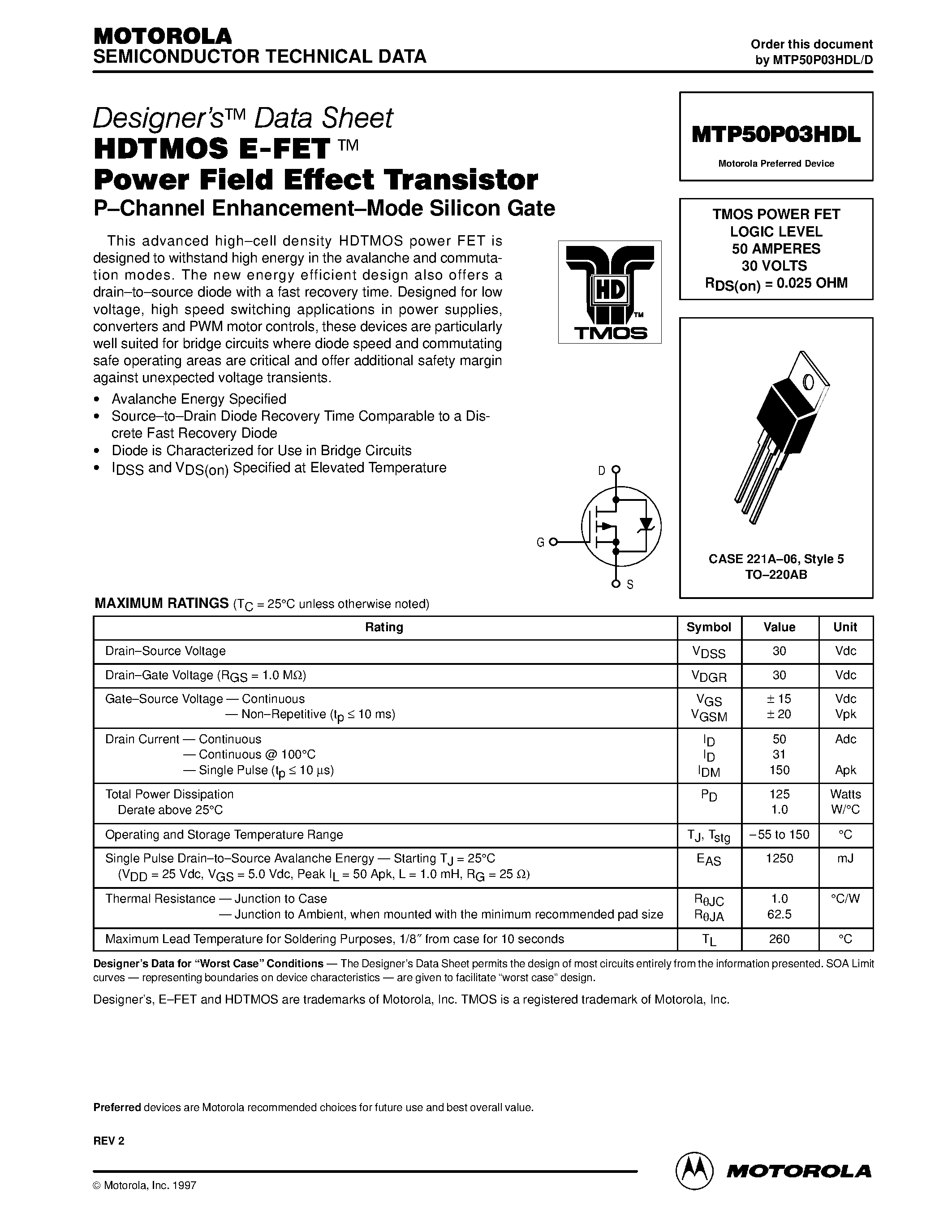 Datasheet MTP50P03HDL - TMOS POWER FET LOGIC LEVEL 50 AMPERES 30 VOLTS RDS(on) = 0.025 OHM page 1