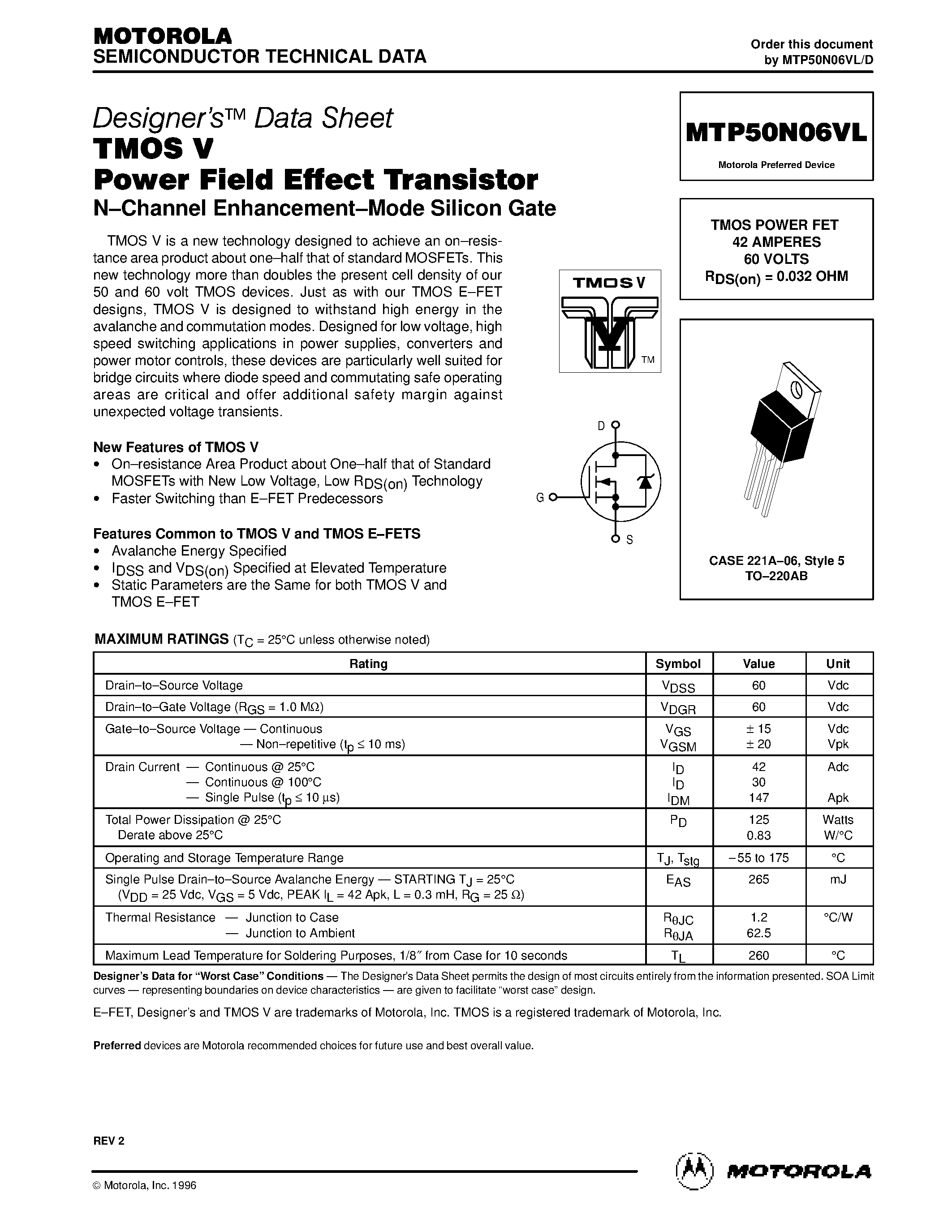 Datasheet MTP50N06VL - TMOS POWER FET 42 AMPERES 60 VOLTS RDS(on) = 0.032 OHM page 1