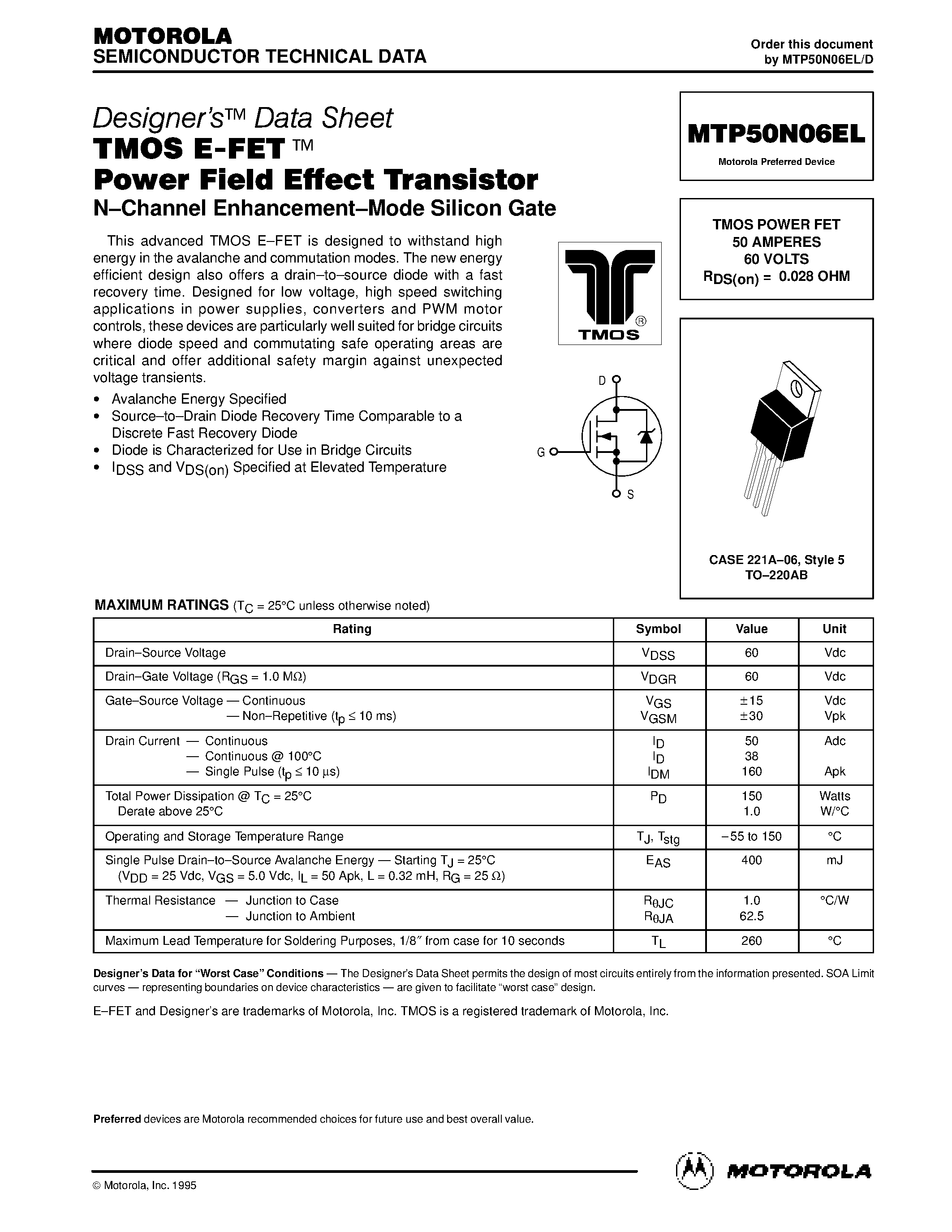 Datasheet MTP50N06EL - TMOS POWER FET 50 AMPERES 60 VOLTS RDS(on) = 0.028 OHM page 1