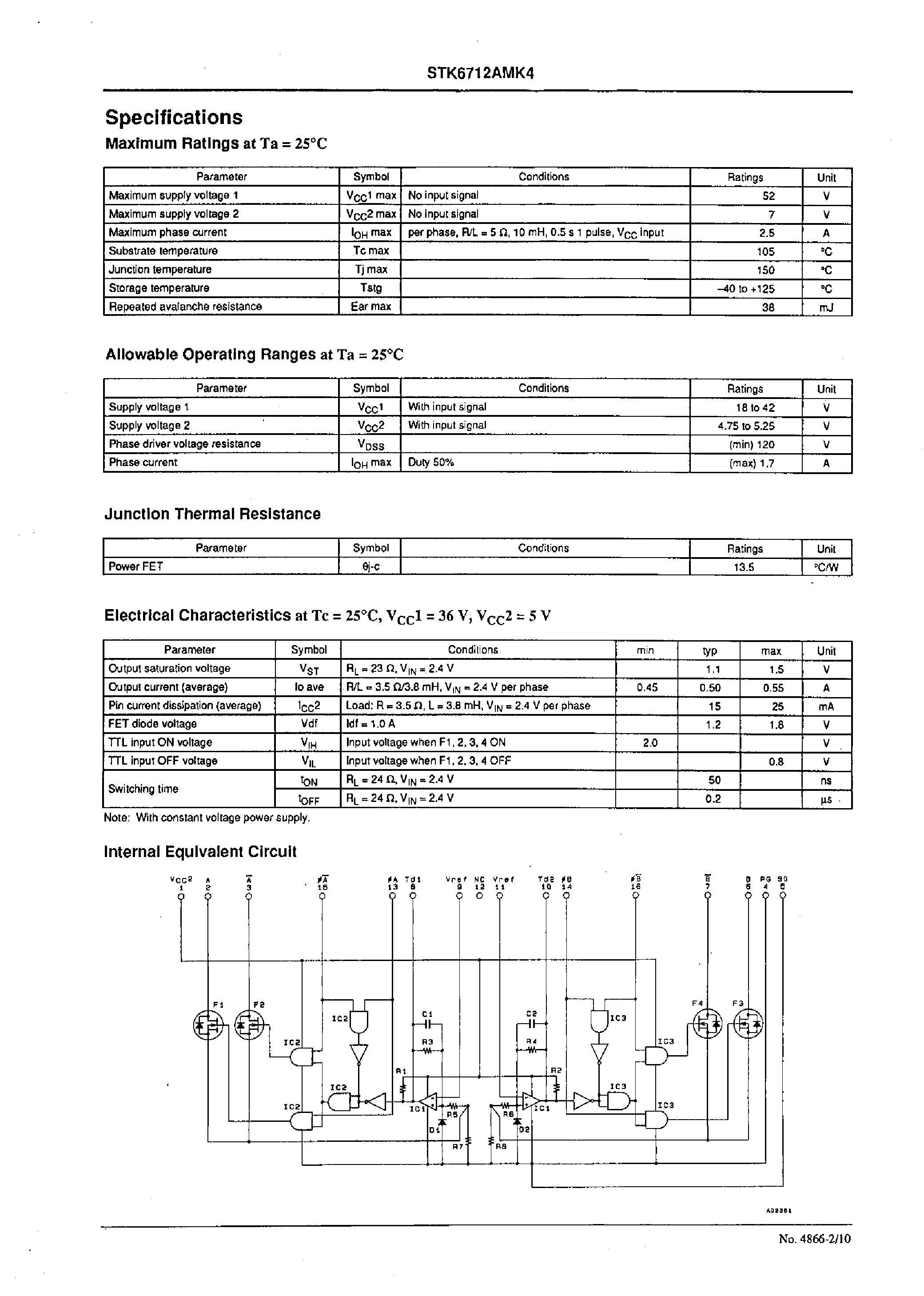 Datasheet STK6712AMK4 page 2 Datasheet STK6712AMK4 - (STK6711AMK4 - STK6714BMK4) 4-Phase Stepping Motor Driver Unipolar Self-Excitation Type(Io = 1.5A) page 2