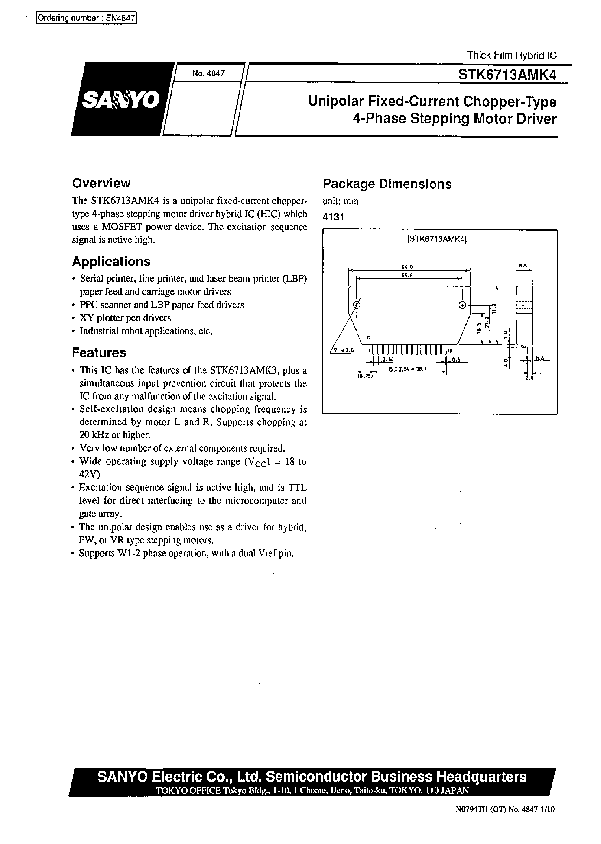 Datasheet STK6713AMK4 - (STK6711AMK4 - STK6714BMK4) 4-Phase Stepping Motor Driver Unipolar Self-Excitation Type(Io = 1.5A) page 1