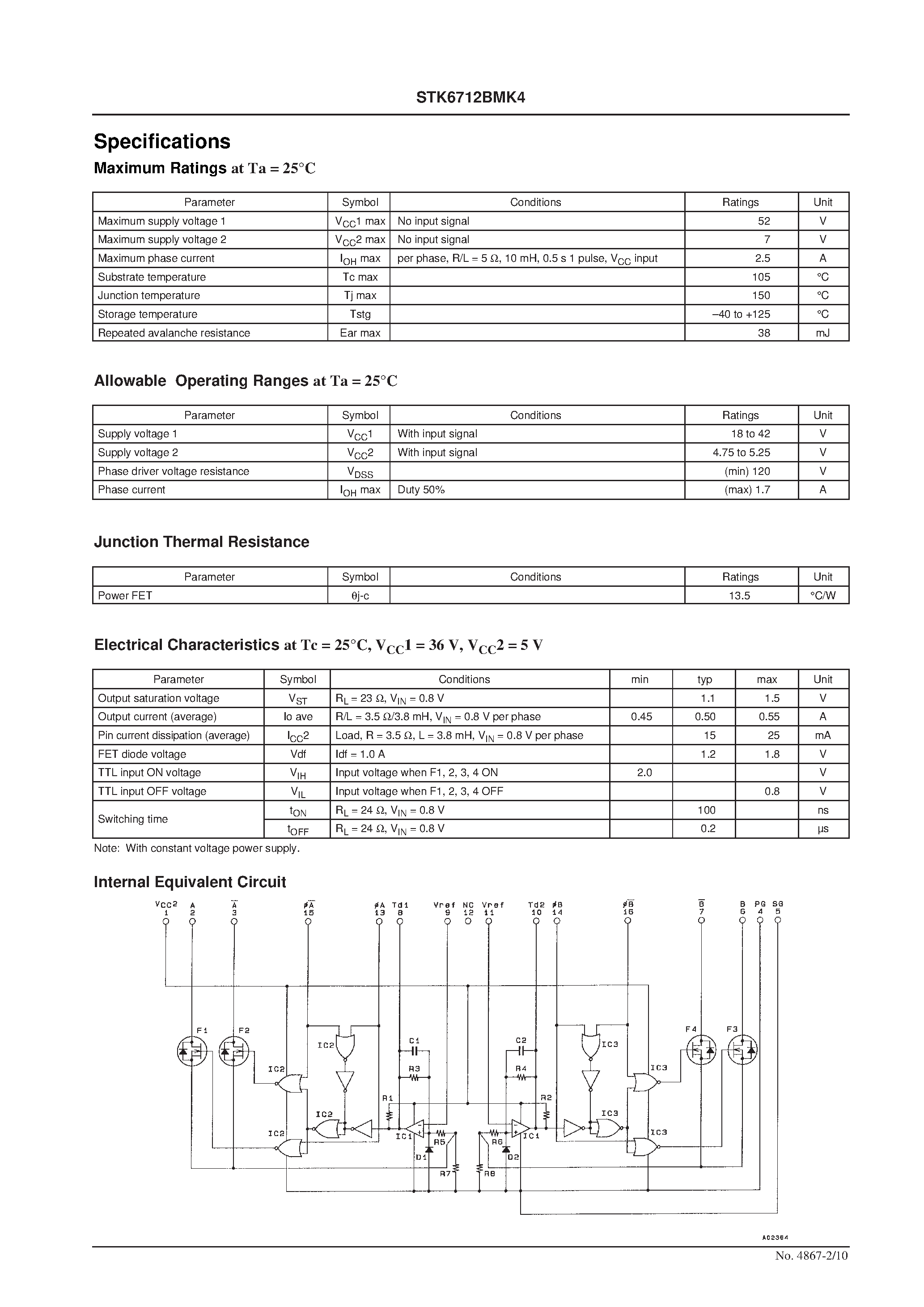 Datasheet STK6712BMK4 page 2 Datasheet STK6712BMK4 - (STK6711AMK4 - STK6714BMK4) 4-Phase Stepping Motor Driver Unipolar Self-Excitation Type(Io = 1.5A) page 2