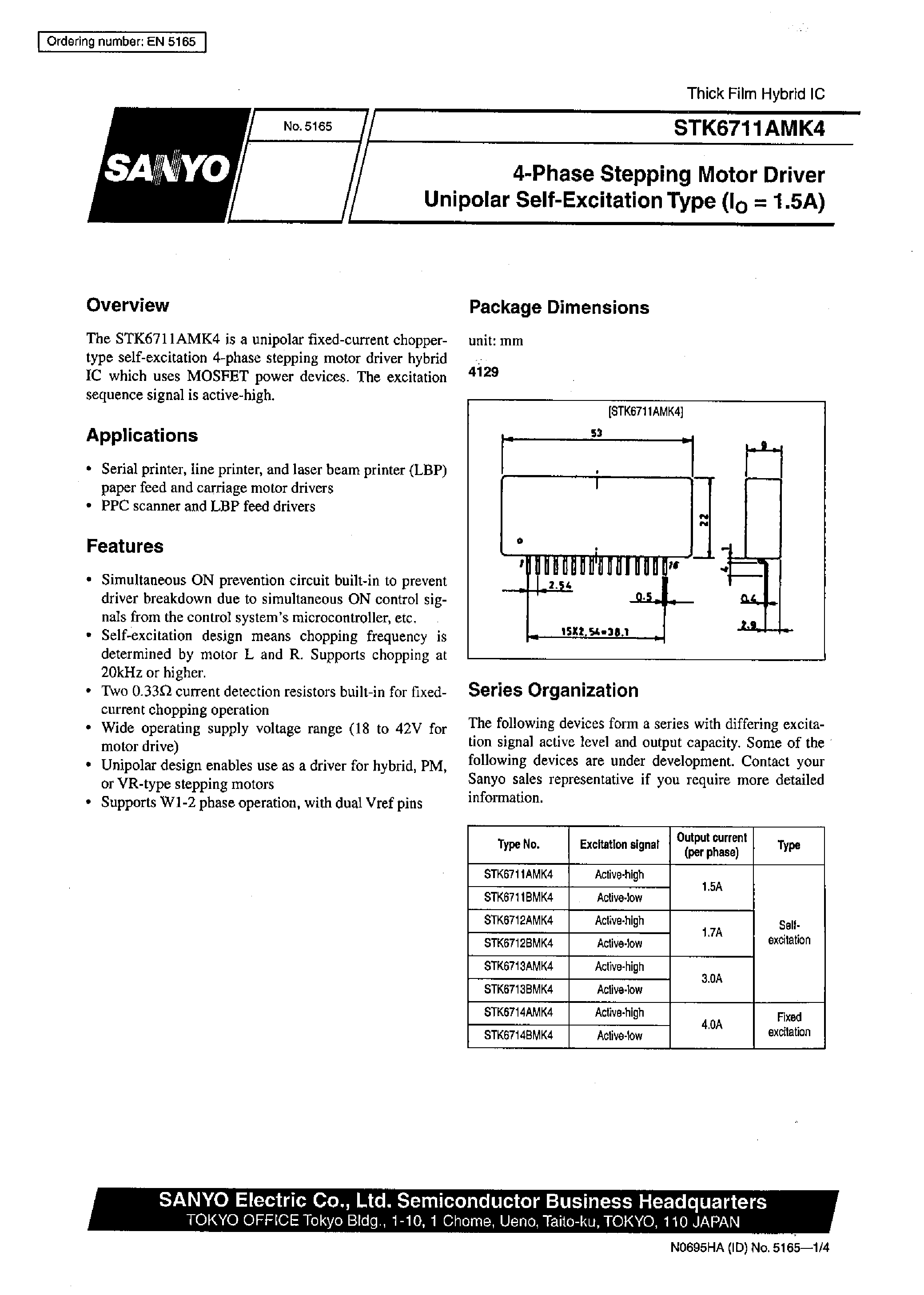 Datasheet STK6711AMK4 - (STK6711AMK4 - STK6714BMK4) 4-Phase Stepping Motor Driver Unipolar Self-Excitation Type(Io = 1.5A) page 1