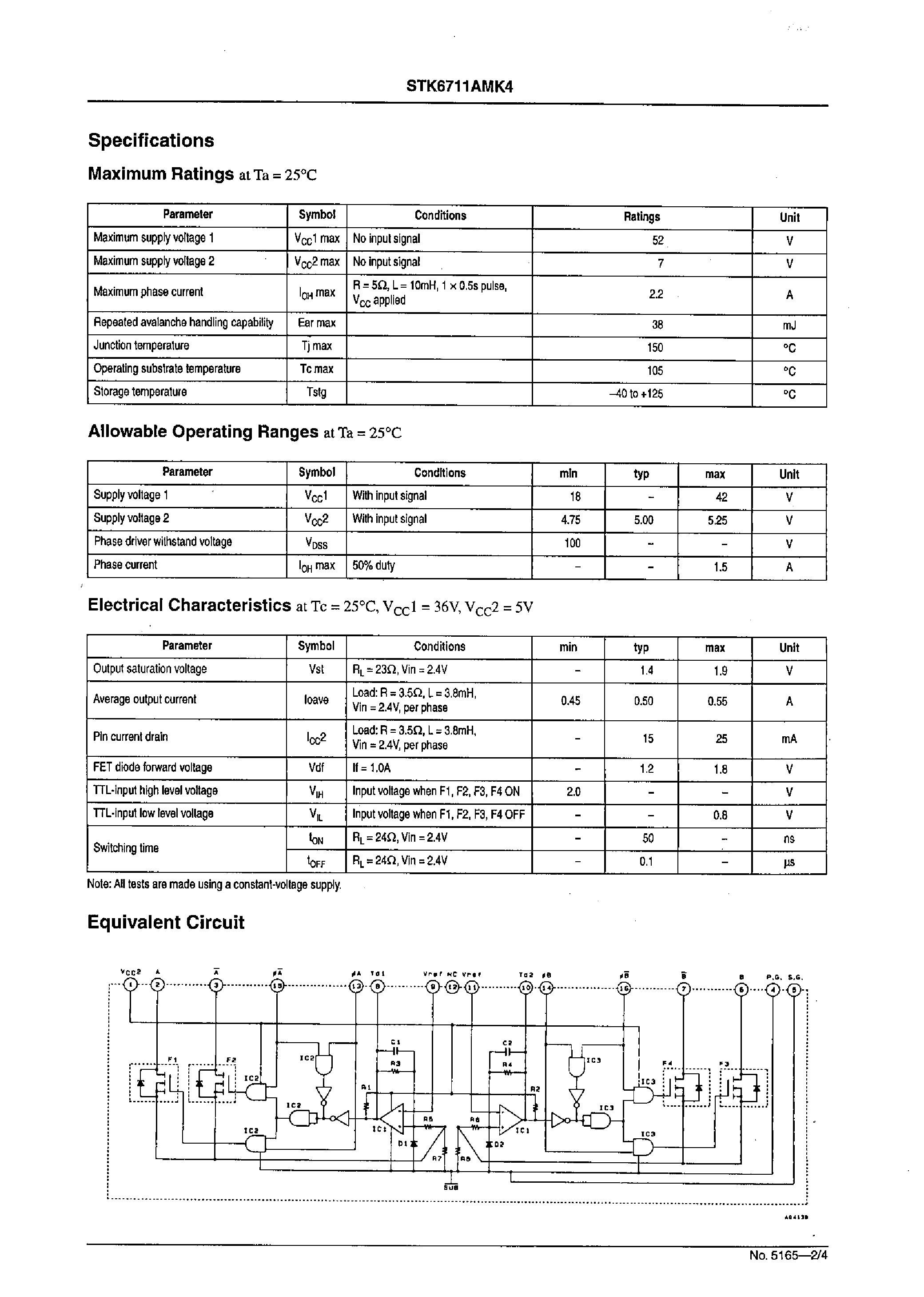 Datasheet STK6711AMK4 - (STK6711AMK4 - STK6714BMK4) 4-Phase Stepping Motor Driver Unipolar Self-Excitation Type(Io = 1.5A) page 2