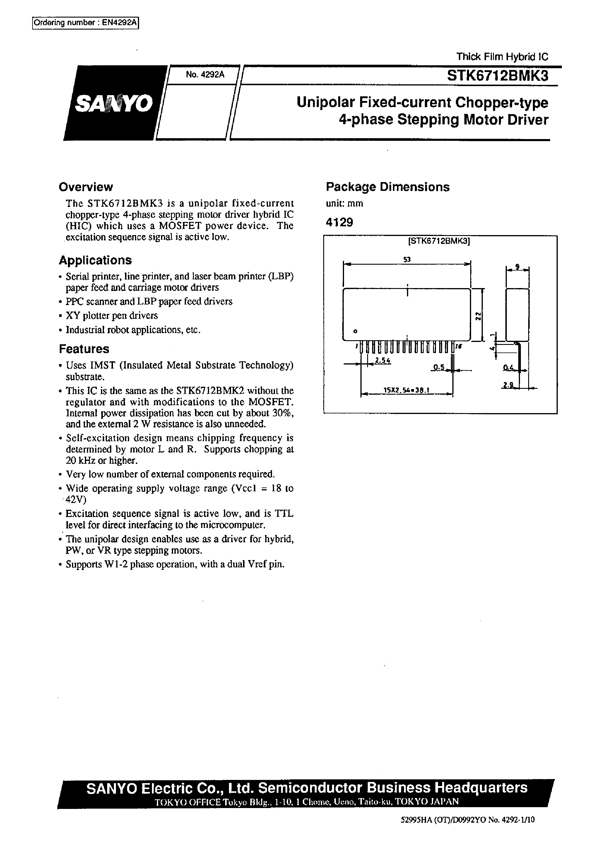 Datasheet STK6712BMK3 page 1 Datasheet STK6712BMK3 - Unipolar Fixed-current Chopper-type 4-phase Stepping Motor Driver page 1