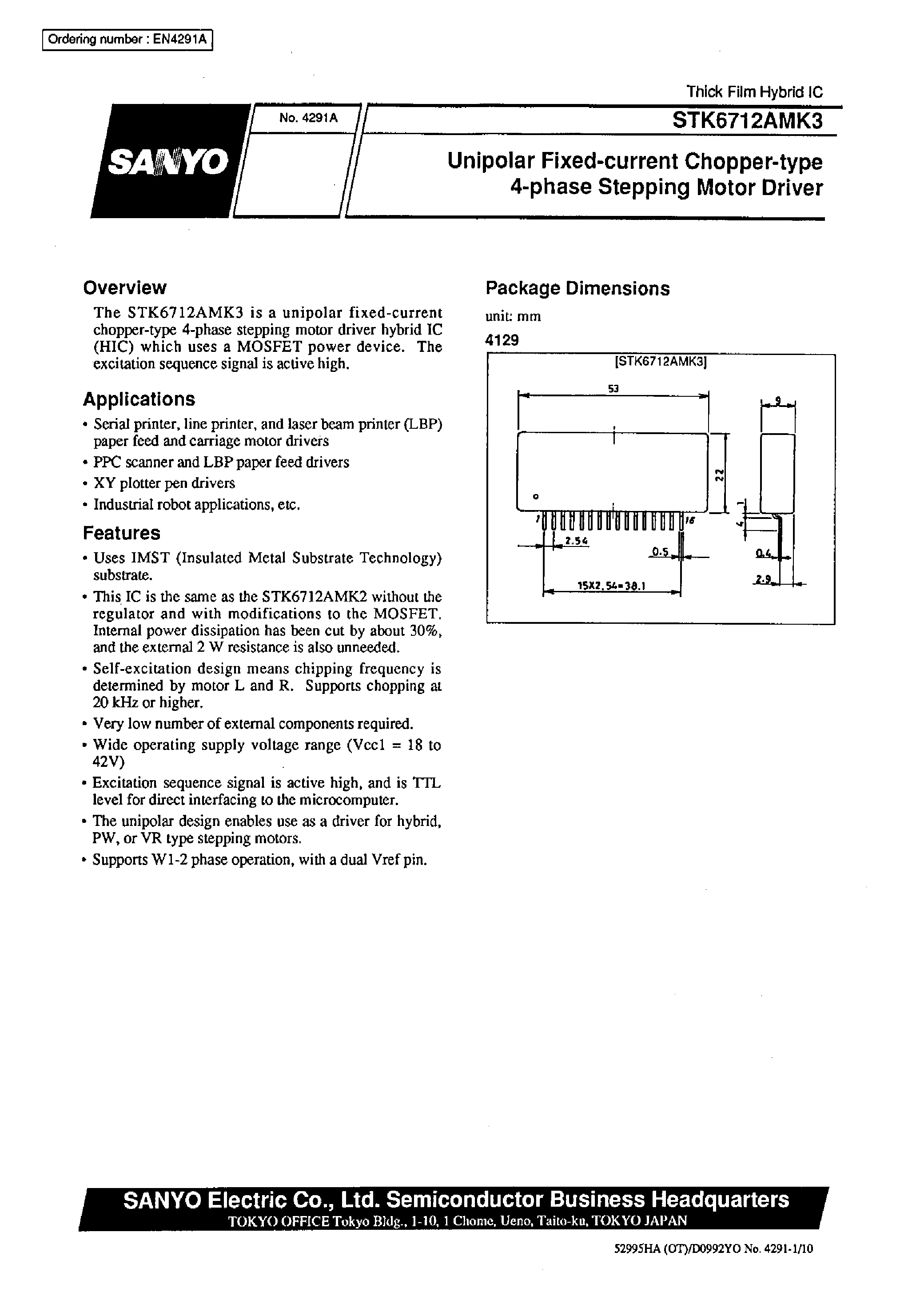 Datasheet STK6712AMK3 page 1 Datasheet STK6712AMK3 - Unipolar Fixed-current Chopper-type 4-phase Stepping Motor Driver page 1