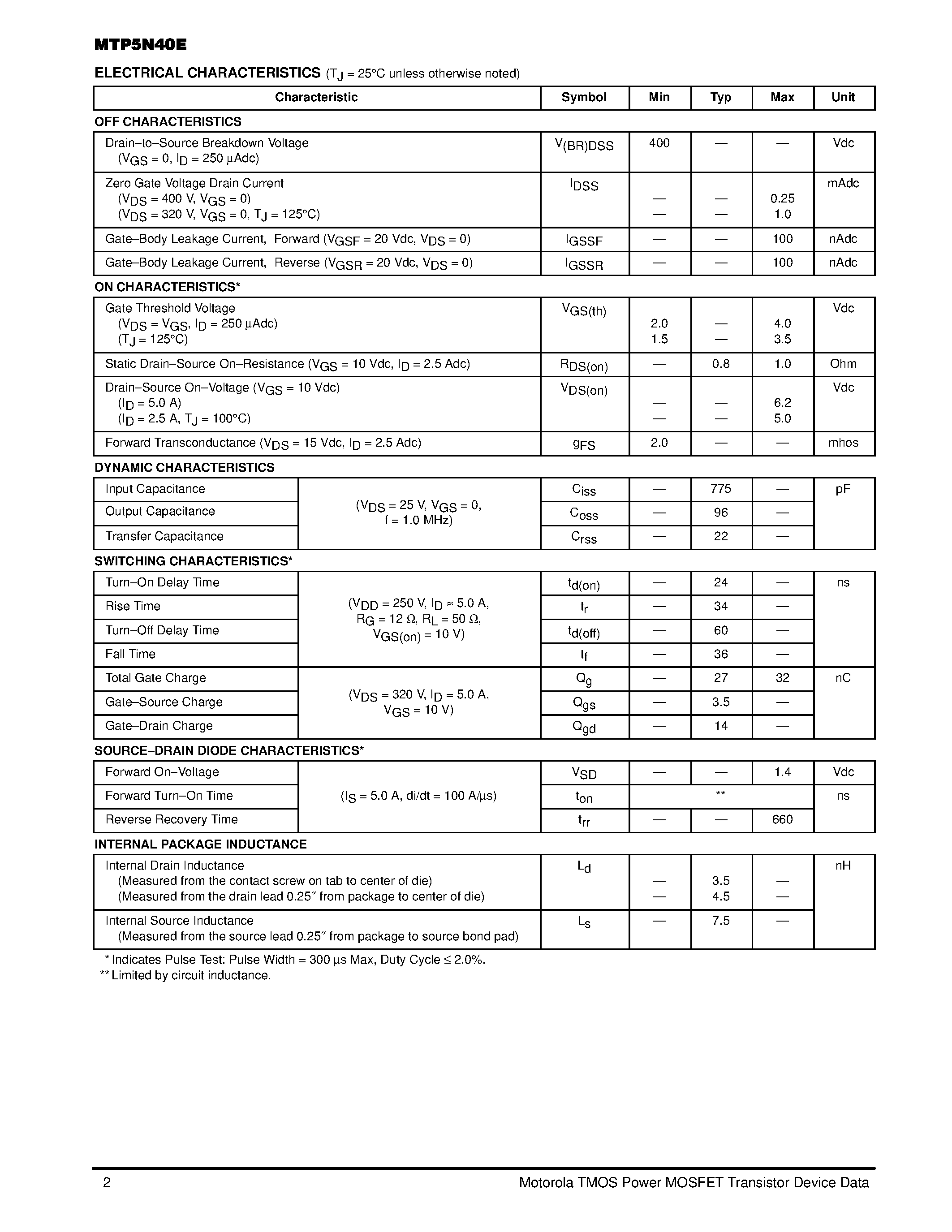 Datasheet MTP5N40E - TMOS POWER FET 5.0 AMPERES 400 VOLTS RDS(on) = 1.0 OHM page 2