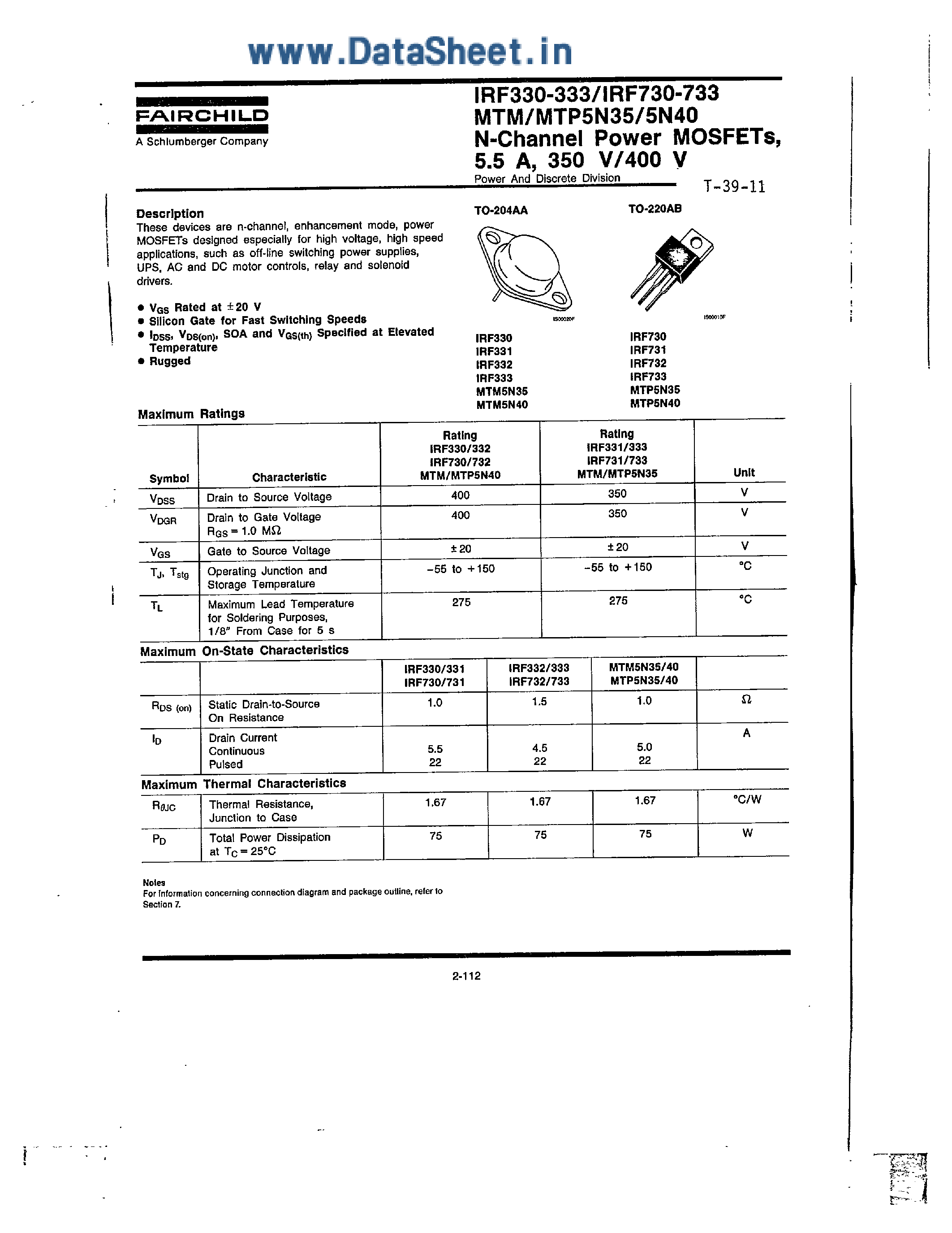 Datasheet MTP5N35 - N-Channel Power MOSFETs page 1