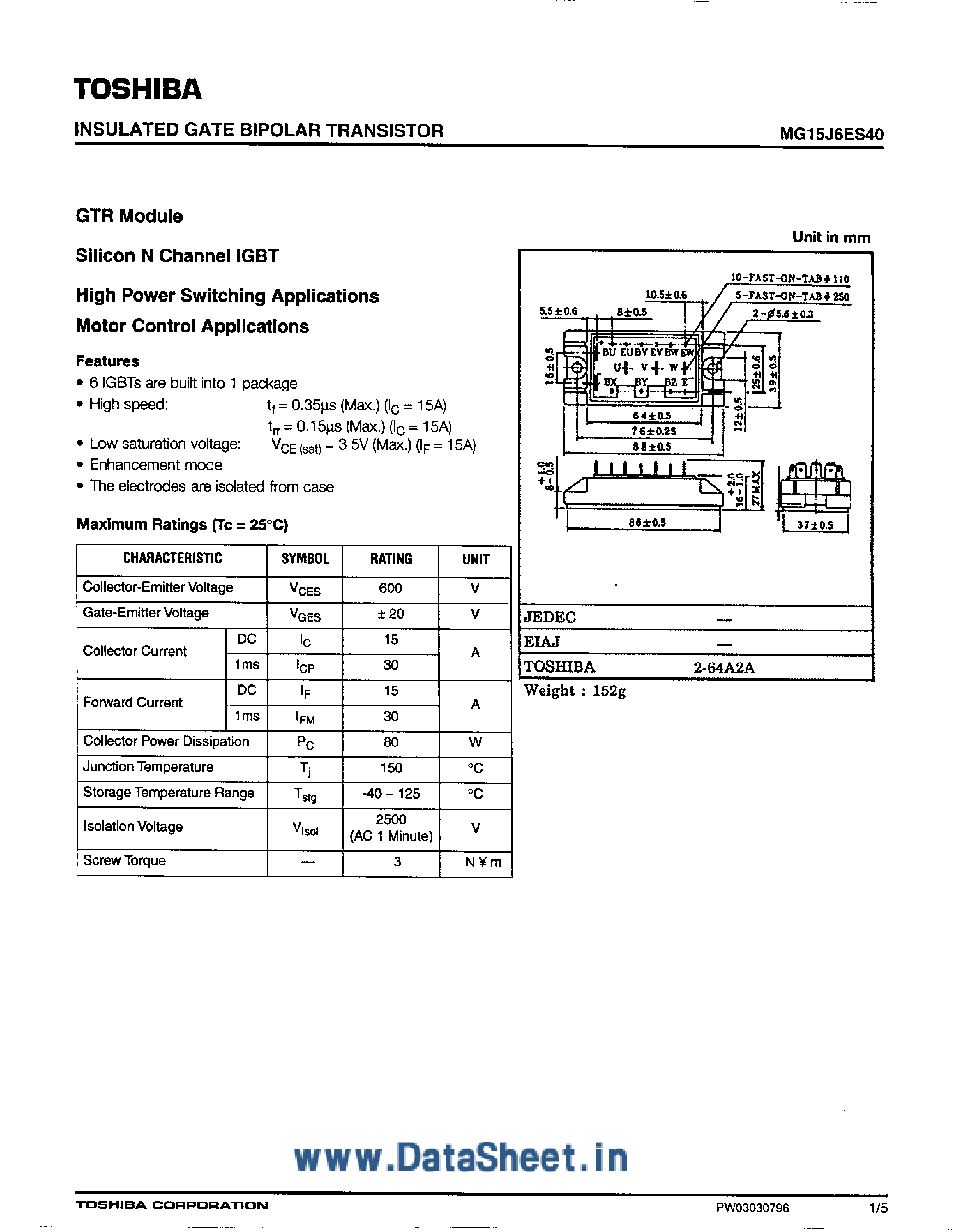 Datasheet MG15J6ES40 - GTR Module / Silicon N-Channel IGBT page 1
