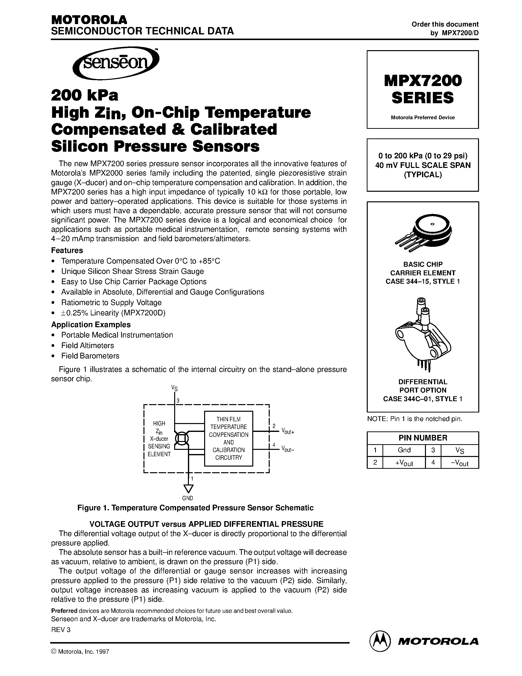 Datasheet MPX7200 - 0 to 200 kPa (0 to 29 psi) 40 mV FULL SCALE SPAN (TYPICAL) page 1