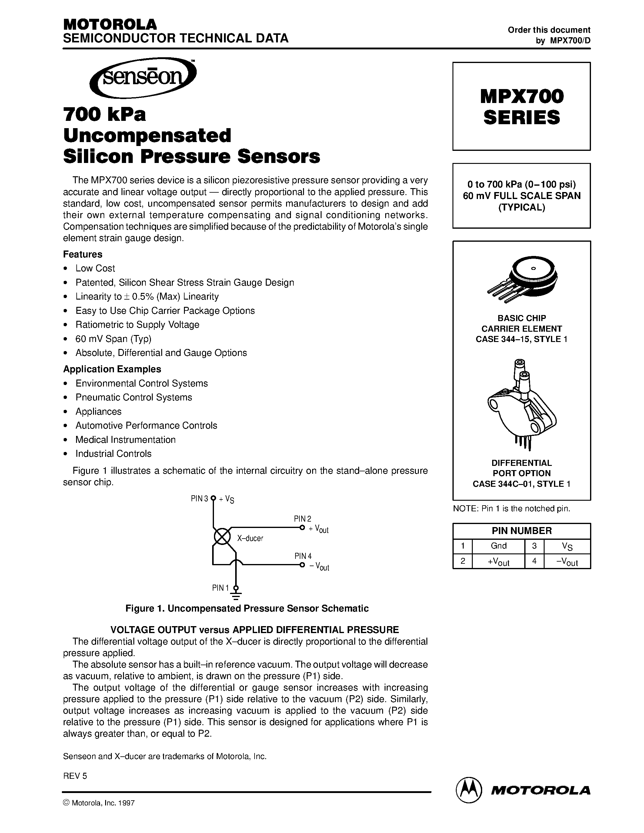 Datasheet MPX700 - 0 to 700 kPa (0-100 psi) 60 mV FULL SCALE SPAN (TYPICAL) page 1
