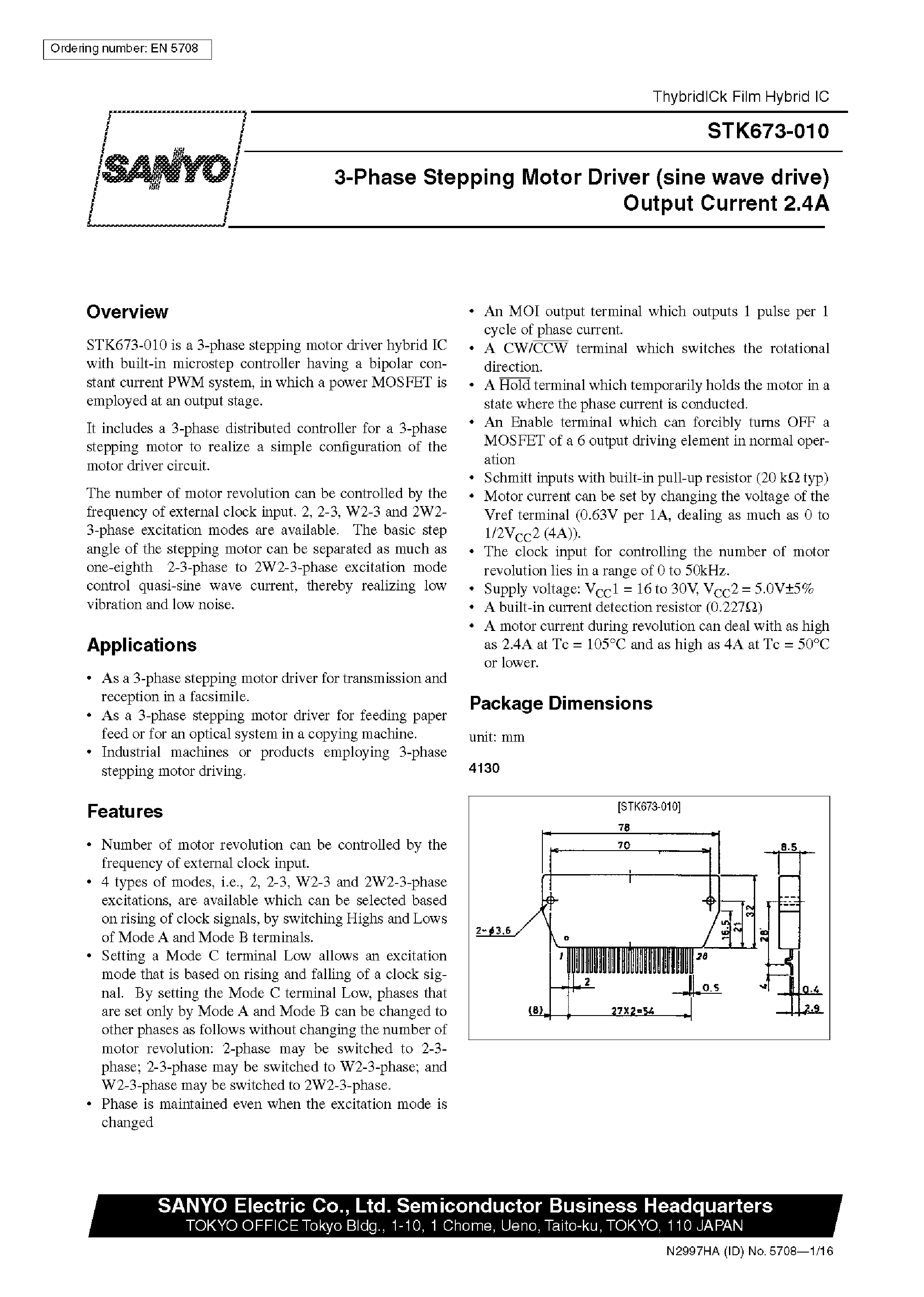 Datasheet STK673-010 page 1 Datasheet STK673-010 - 3-Phase Stepping Motor Driver(sine wave drive) Output Current 2.4A page 1