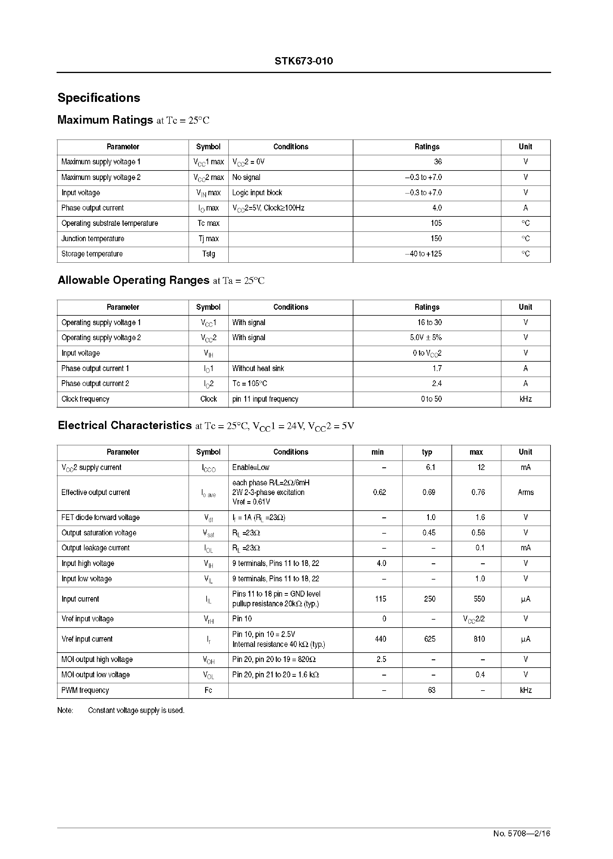 Datasheet STK673-010 page 2 Datasheet STK673-010 - 3-Phase Stepping Motor Driver(sine wave drive) Output Current 2.4A page 2