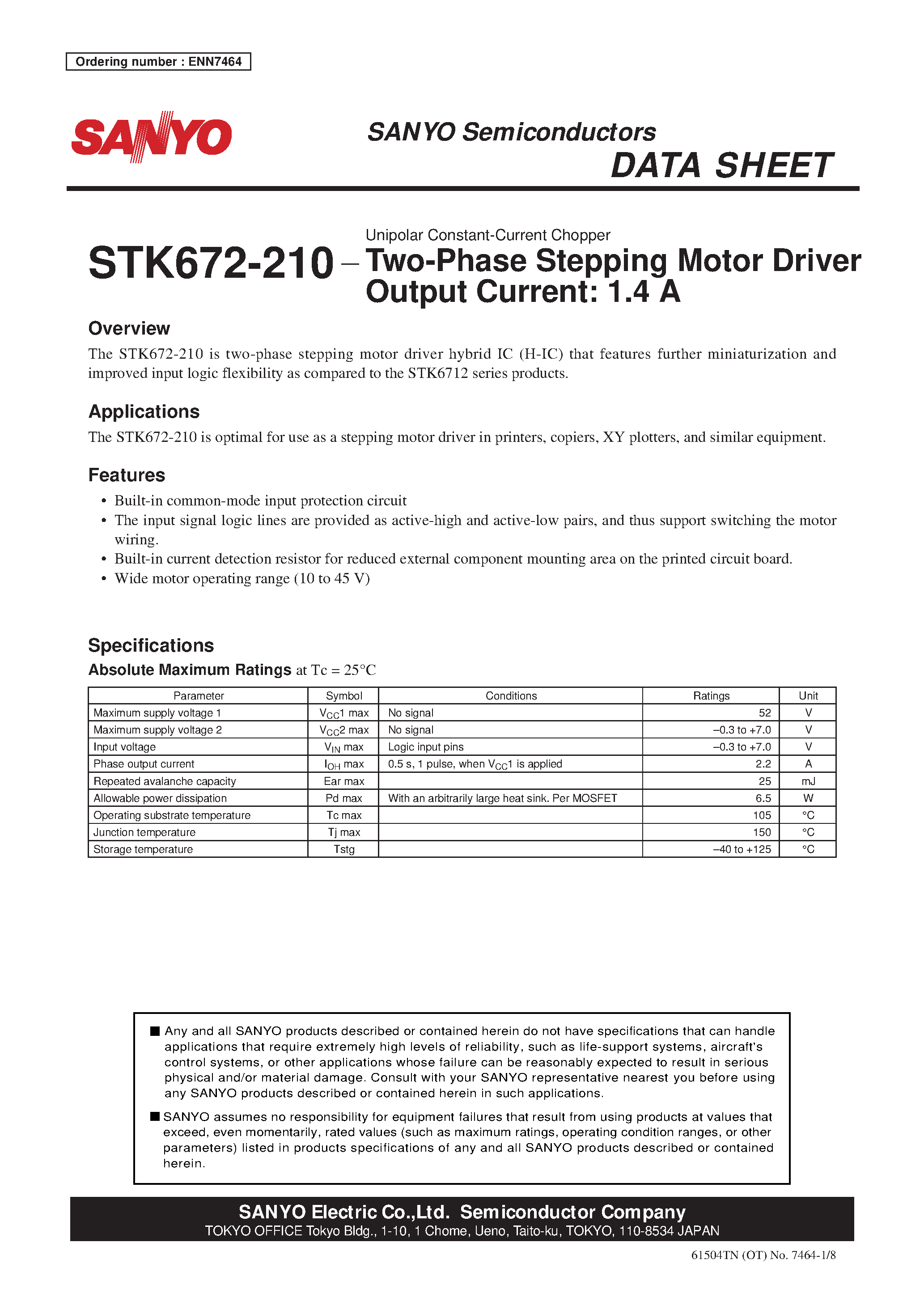 Datasheet STK672-210 page 1 Datasheet STK672-210 - Two-Phase Stepping Motor Driver Output Current: 1.4 A page 1