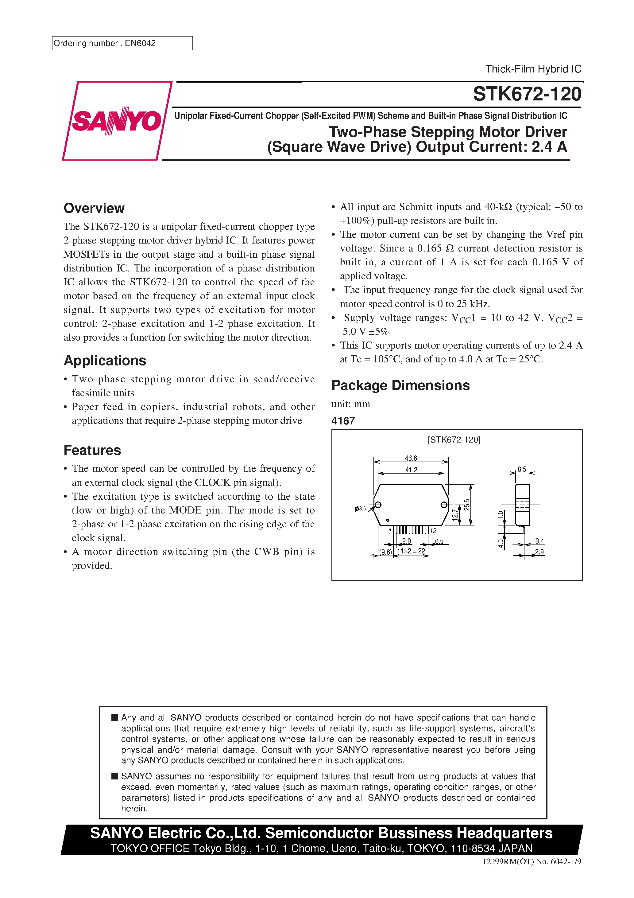 Datasheet STK672-120 page 1 Datasheet STK672-120 - Two-Phase Stepping Motor Driver (Square Wave Drive) Output Current: 2.4 A page 1