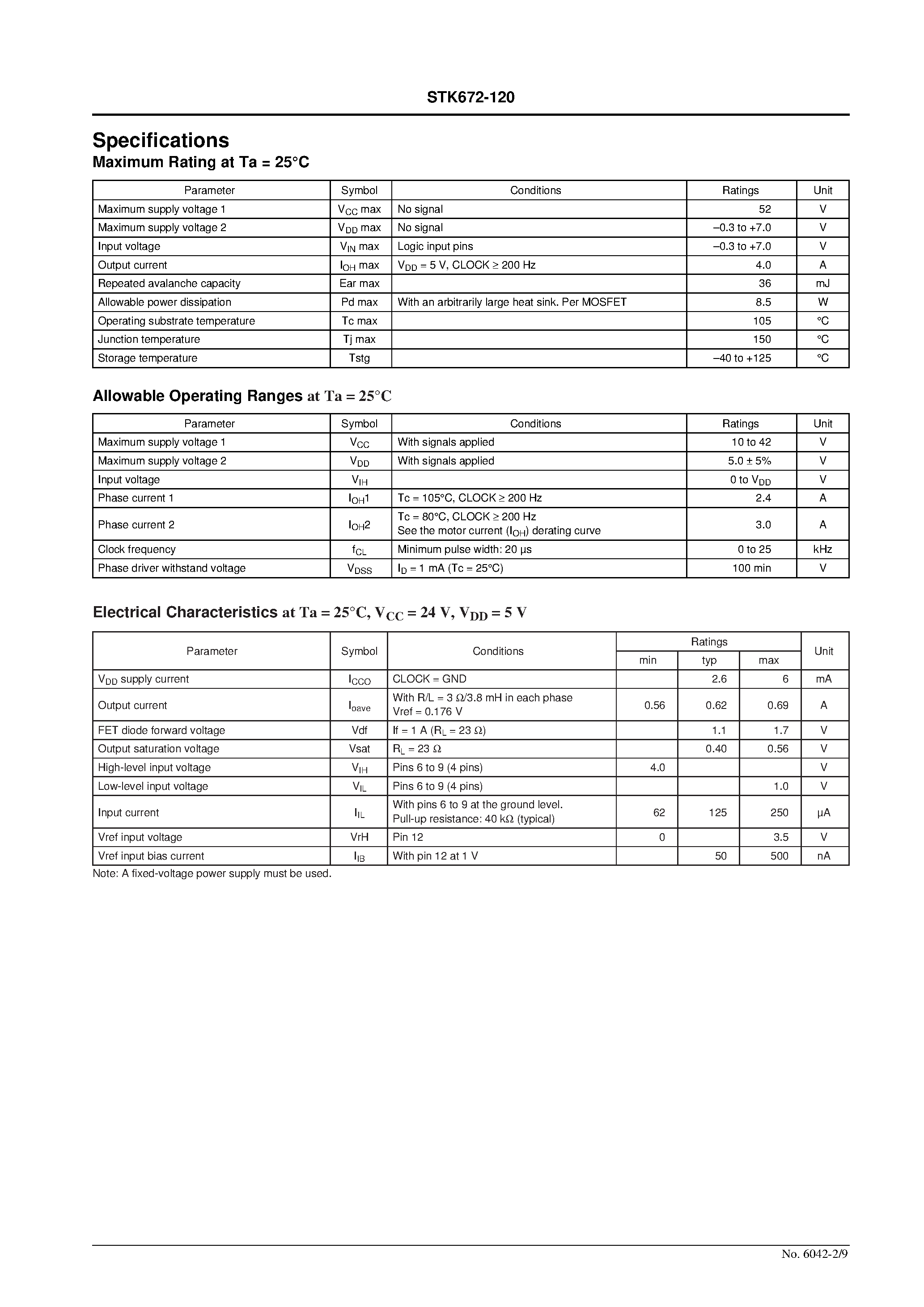 Datasheet STK672-120 page 2 Datasheet STK672-120 - Two-Phase Stepping Motor Driver (Square Wave Drive) Output Current: 2.4 A page 2