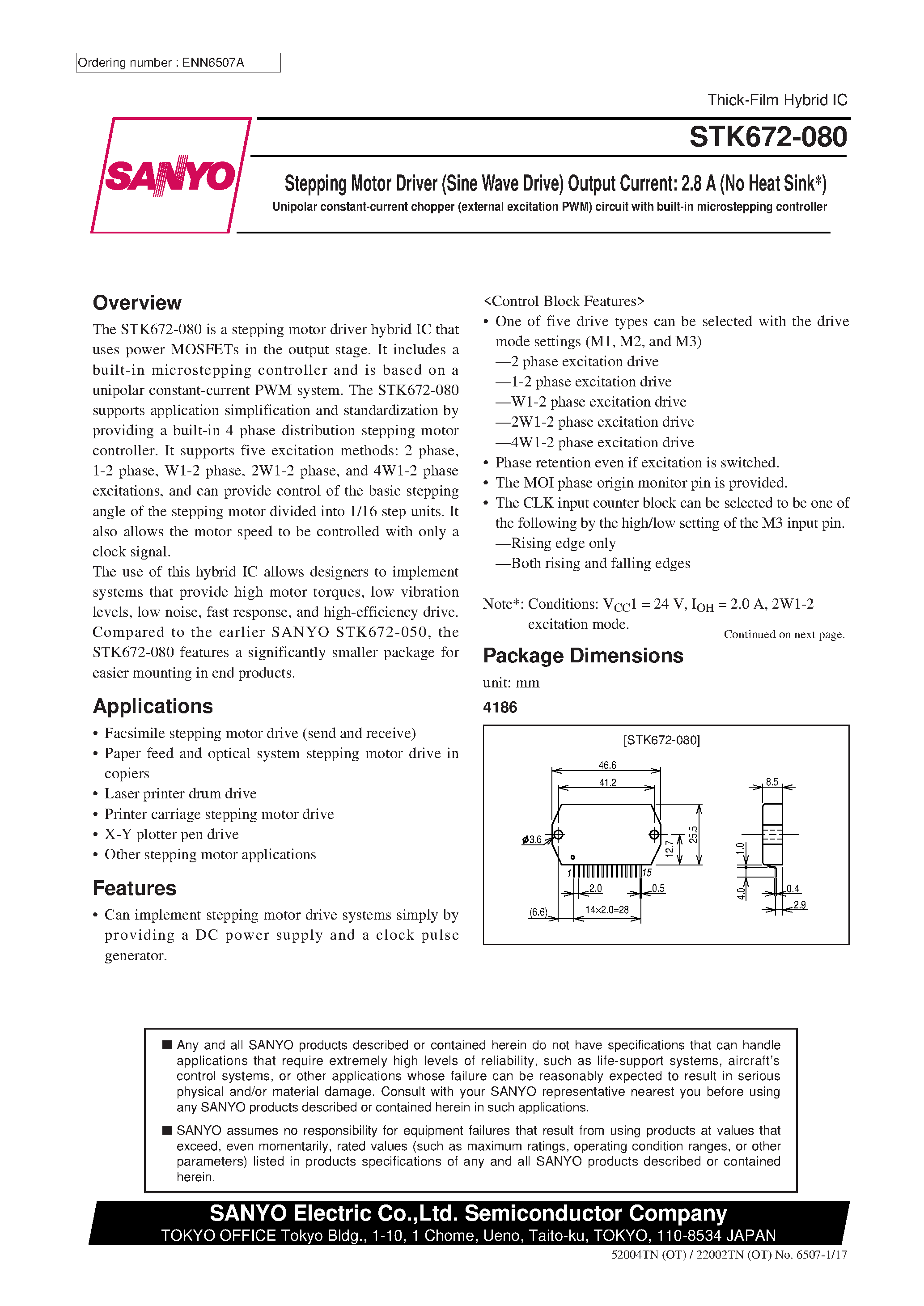 Datasheet STK672-080 page 1 Datasheet STK672-080 - Stepping Motor Driver (Sine Wave Drive) Output Current : 2.8 A (No Heat Sink) page 1