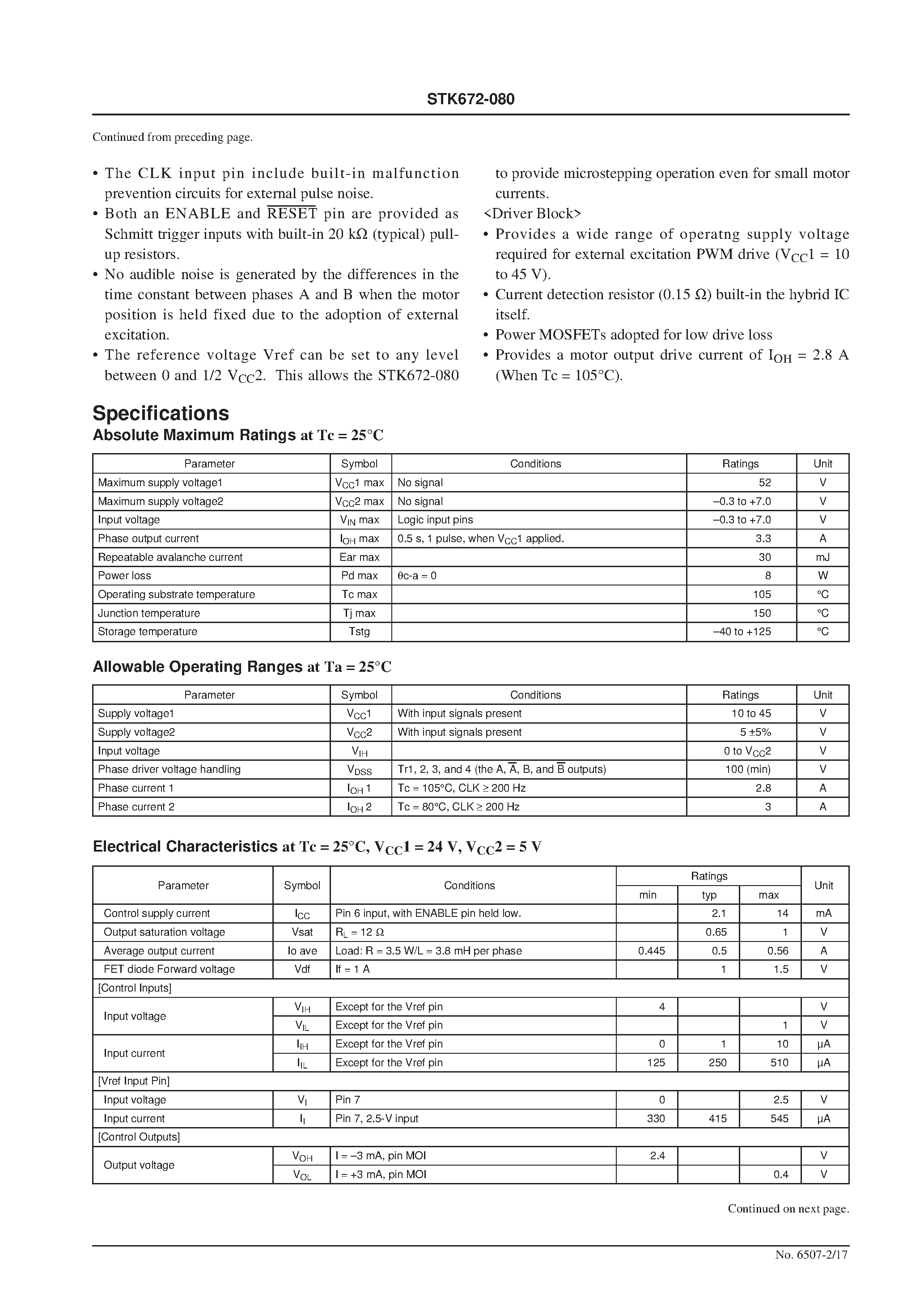 Datasheet STK672-080 page 2 Datasheet STK672-080 - Stepping Motor Driver (Sine Wave Drive) Output Current : 2.8 A (No Heat Sink) page 2