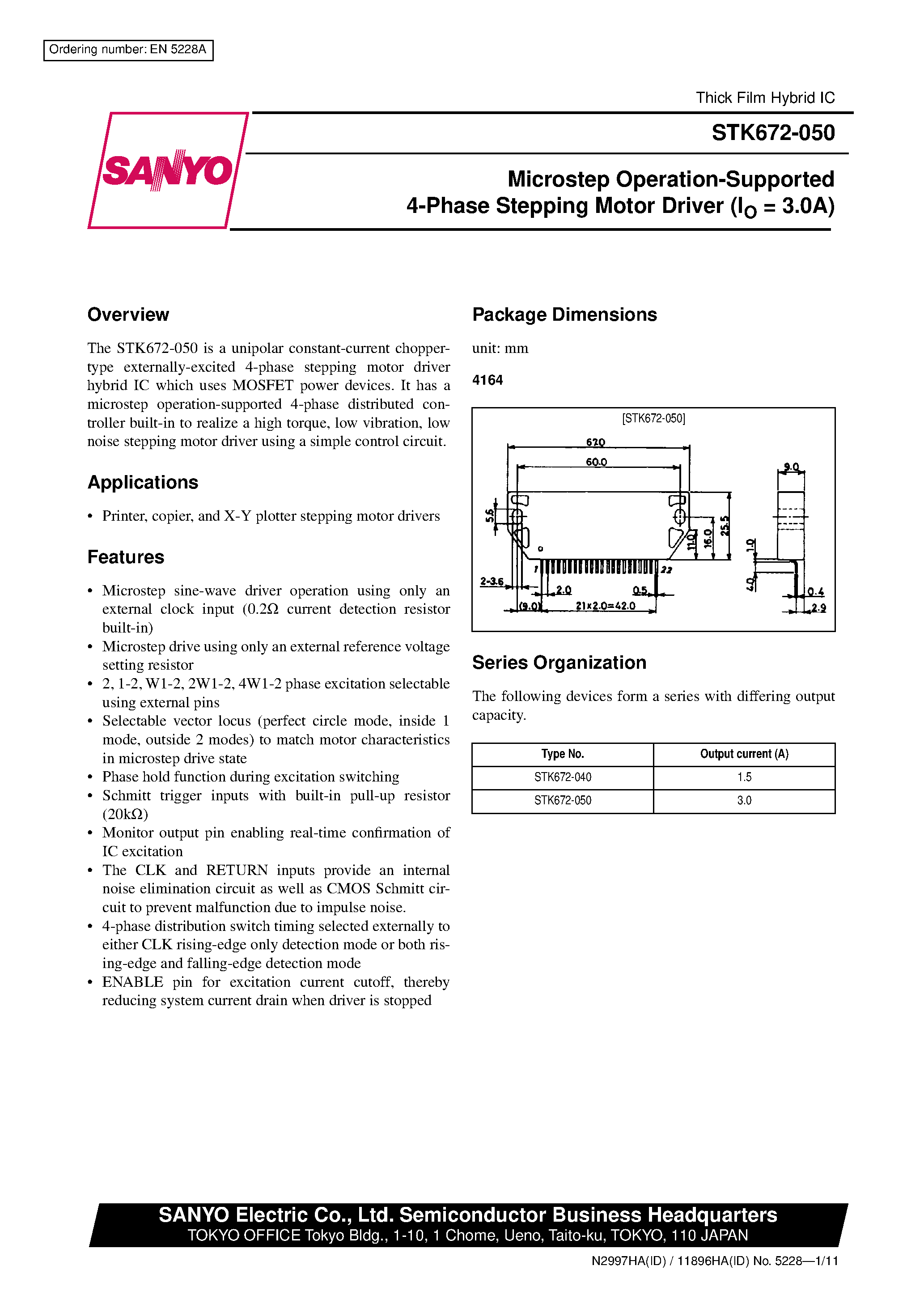 Datasheet STK672-050 - Microstep Operation-Supported 4-Phase Stepping Motor Driver (Io= 3.0A) page 1