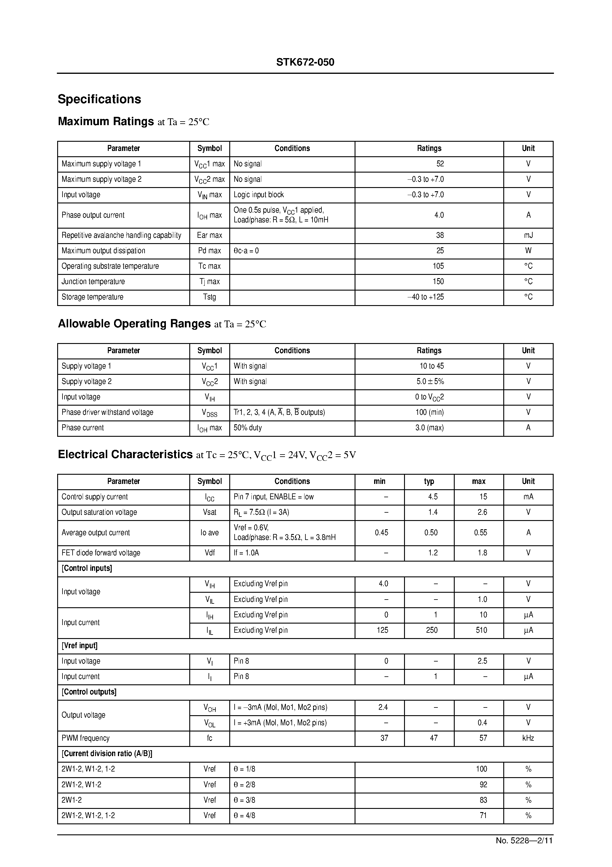 Datasheet STK672-050 - Microstep Operation-Supported 4-Phase Stepping Motor Driver (Io= 3.0A) page 2