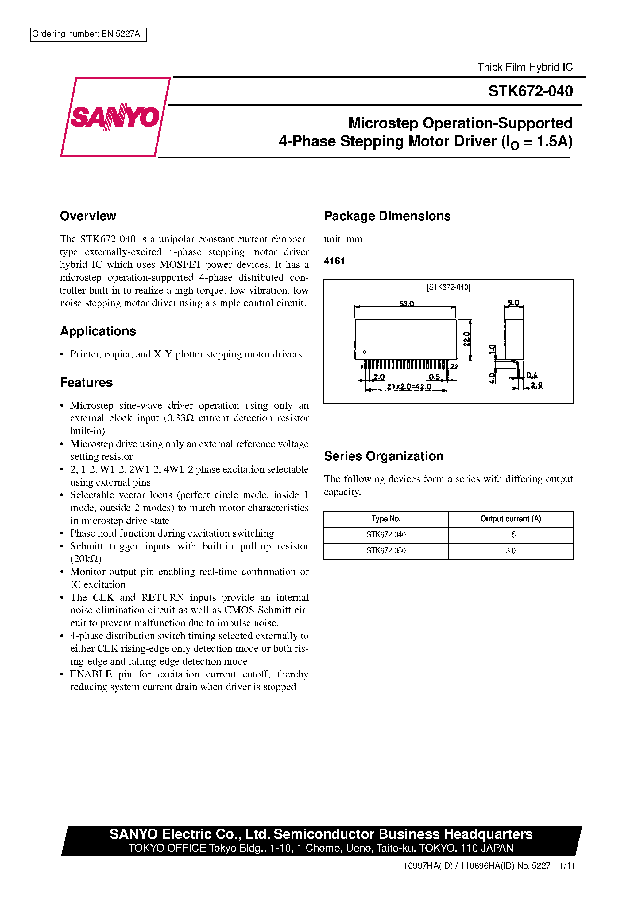 Datasheet STK672-040 page 1 Datasheet STK672-040 - Microstep Operation-Supported 4-Phase Stepping Motor Driver (Io= 1.5A) page 1