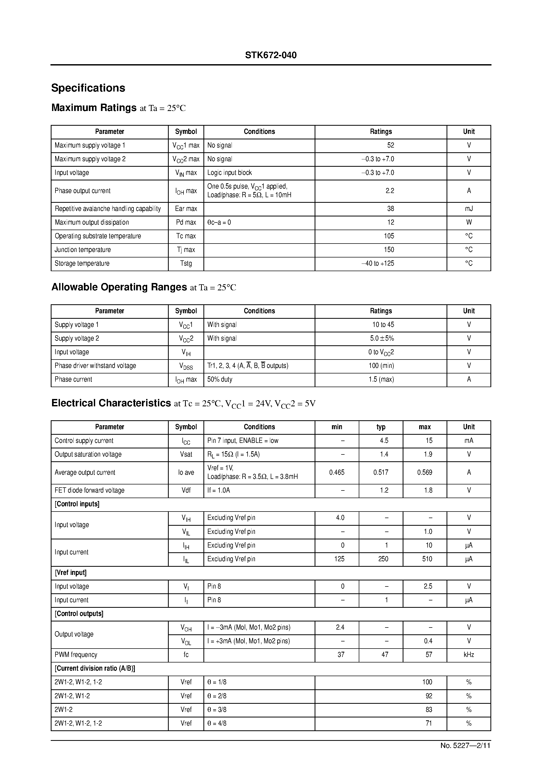 Datasheet STK672-040 page 2 Datasheet STK672-040 - Microstep Operation-Supported 4-Phase Stepping Motor Driver (Io= 1.5A) page 2