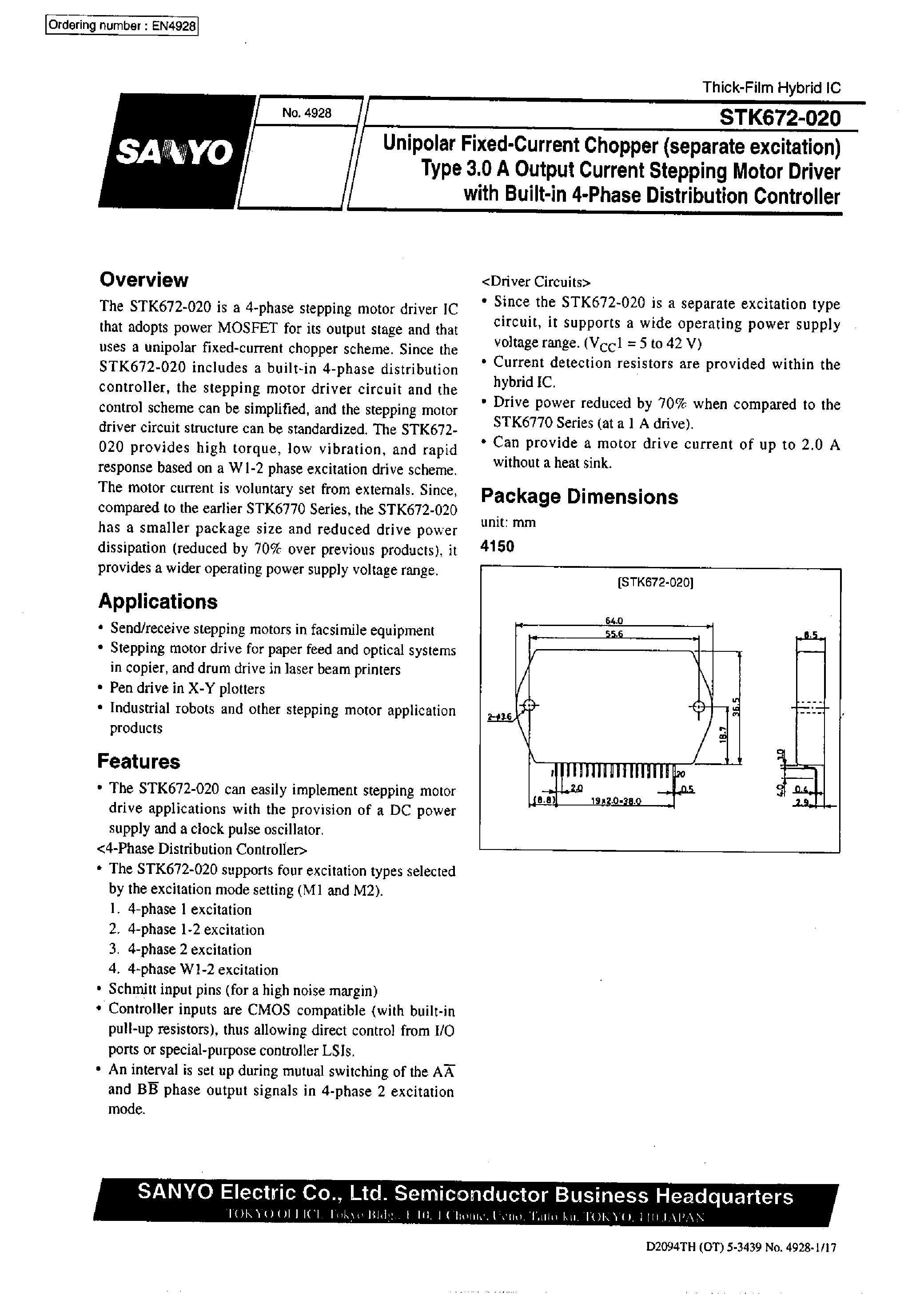 Datasheet STK672-020 - Unipolar Fixed-Current Chopper page 1