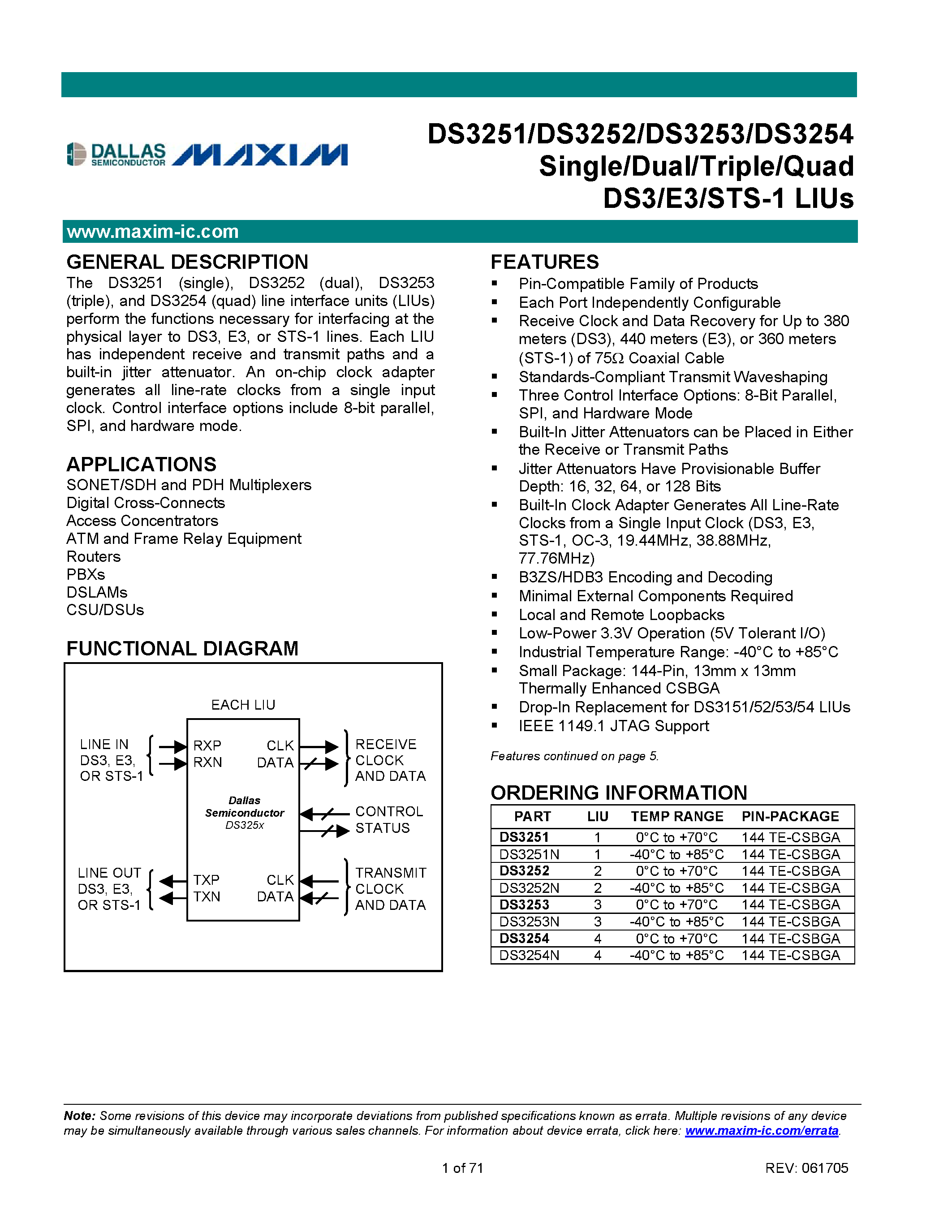 Даташит DS3252 - (DS3251 - DS3254) Single / Dual / Triple / Quad DS3/E3/STS-1 LIUs страница 1