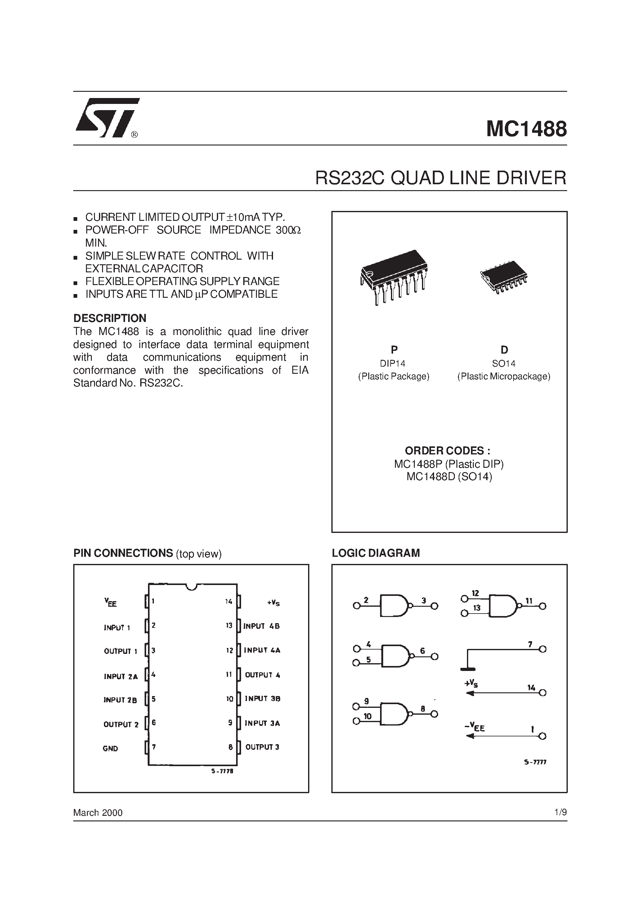 Даташит MC1488 - RS232C QUAD LINE DRIVER страница 1