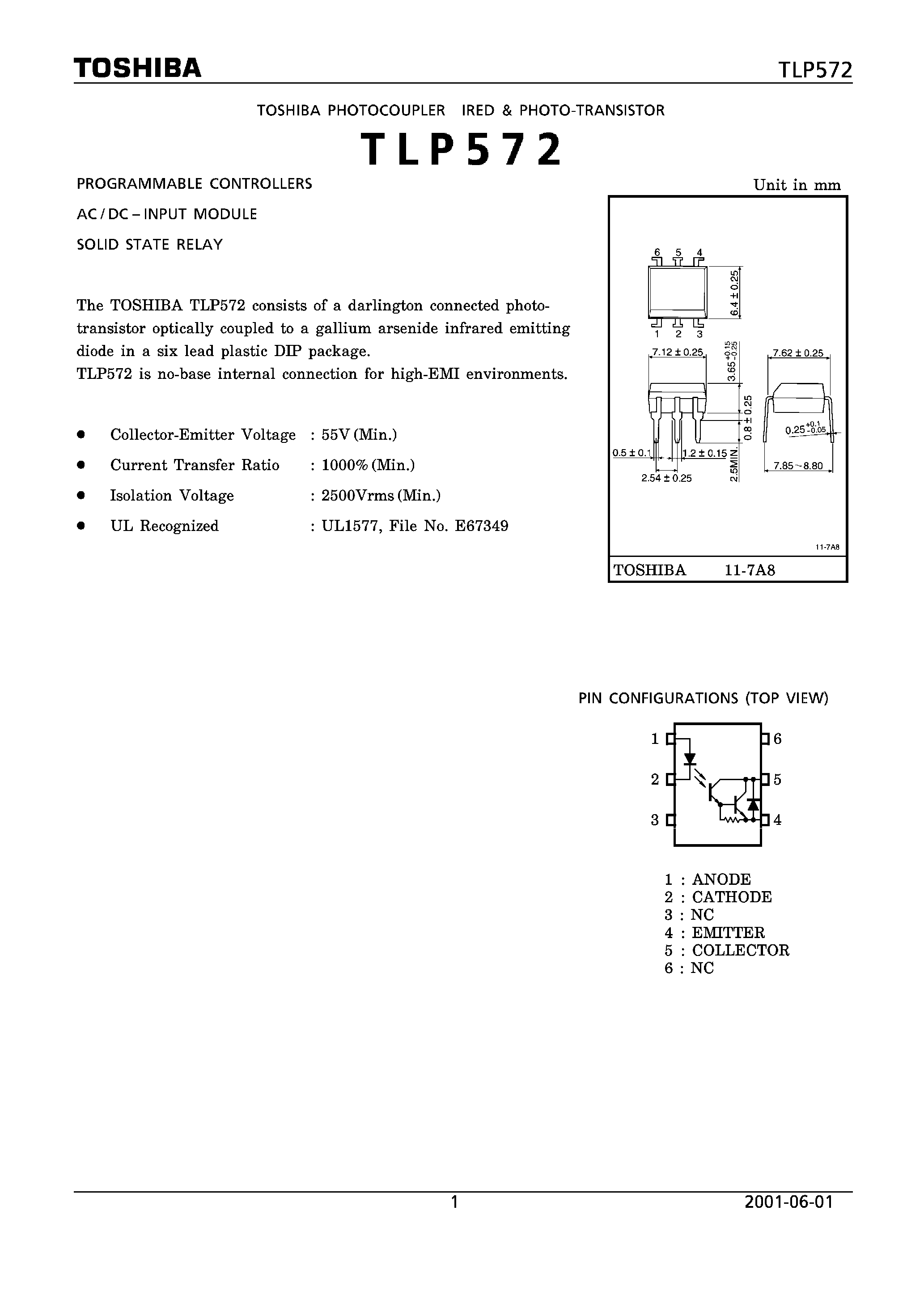 Даташит TLP572 - TOSHIBA PHOTOCOUPLER страница 1