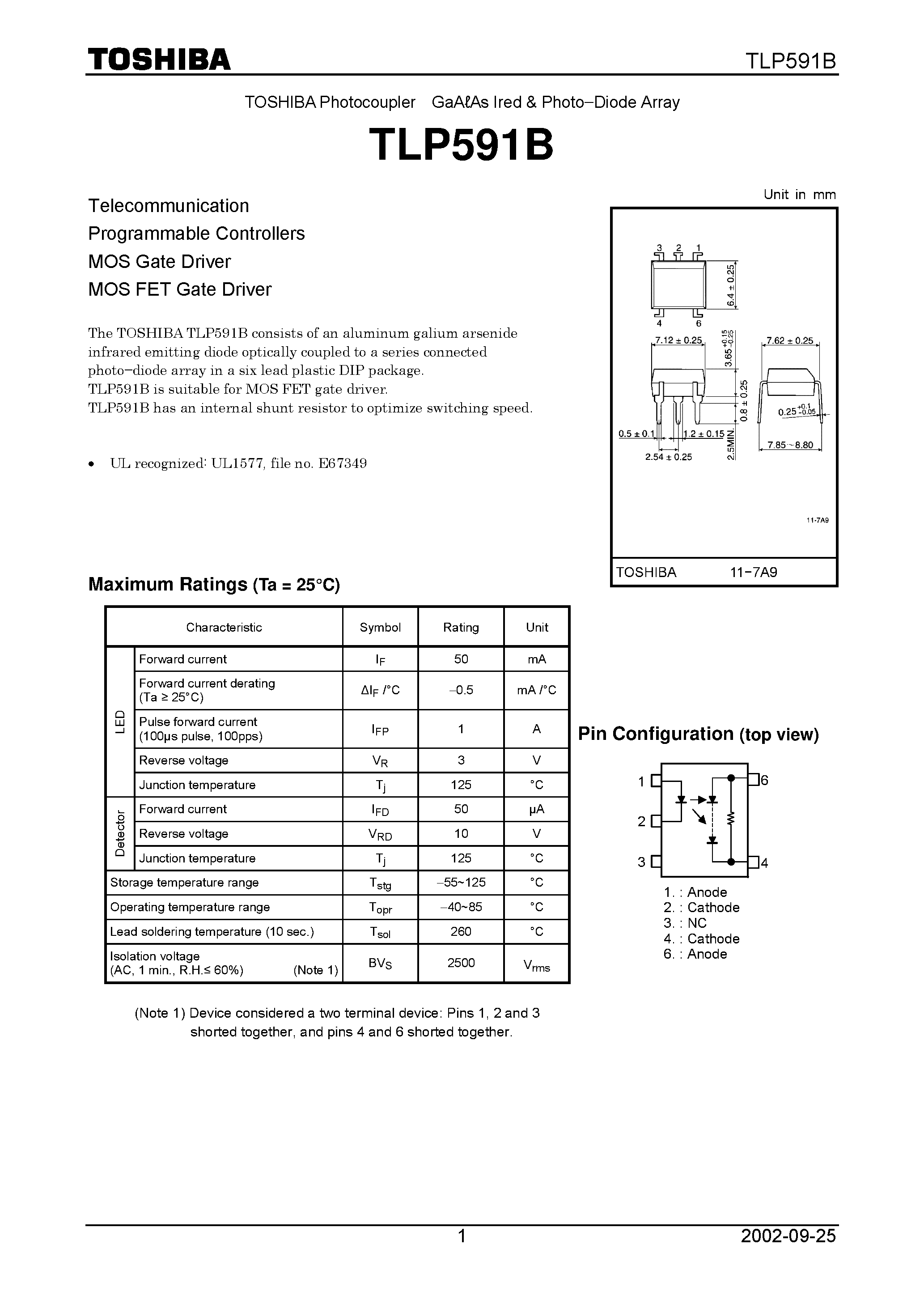 Datasheet TLP591B - TOSHIBA Photocoupler GaALAs Ired & Photo Diode Array page 1
