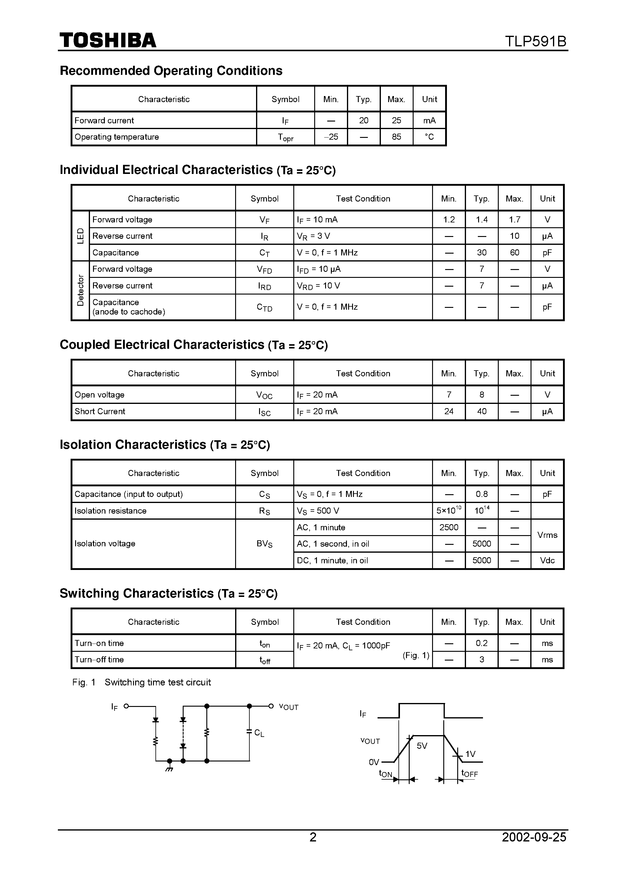 Datasheet TLP591B - TOSHIBA Photocoupler GaALAs Ired & Photo Diode Array page 2