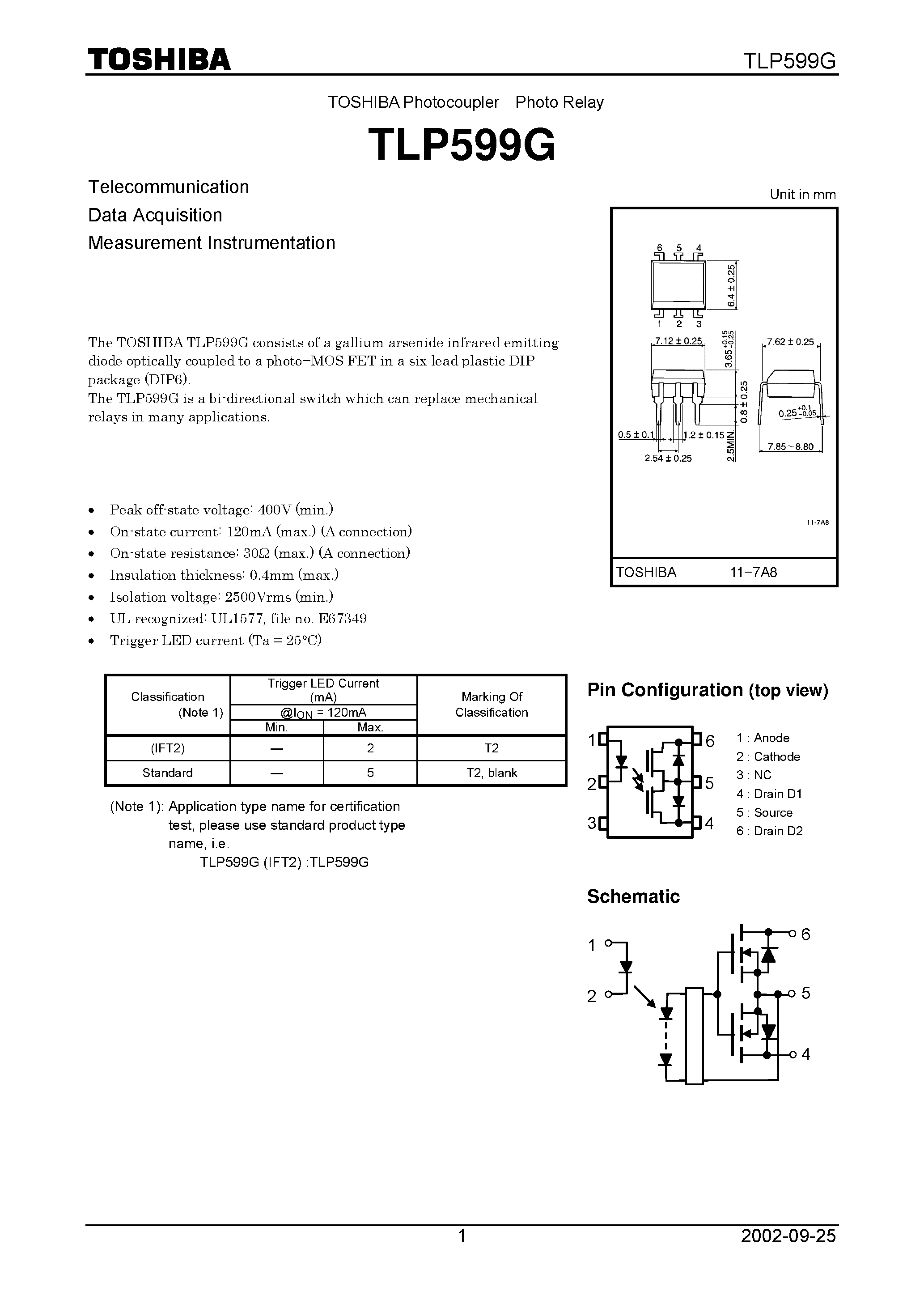 Даташит TLP599G - PHOTOCOUPLER PHOTO RELAY страница 1