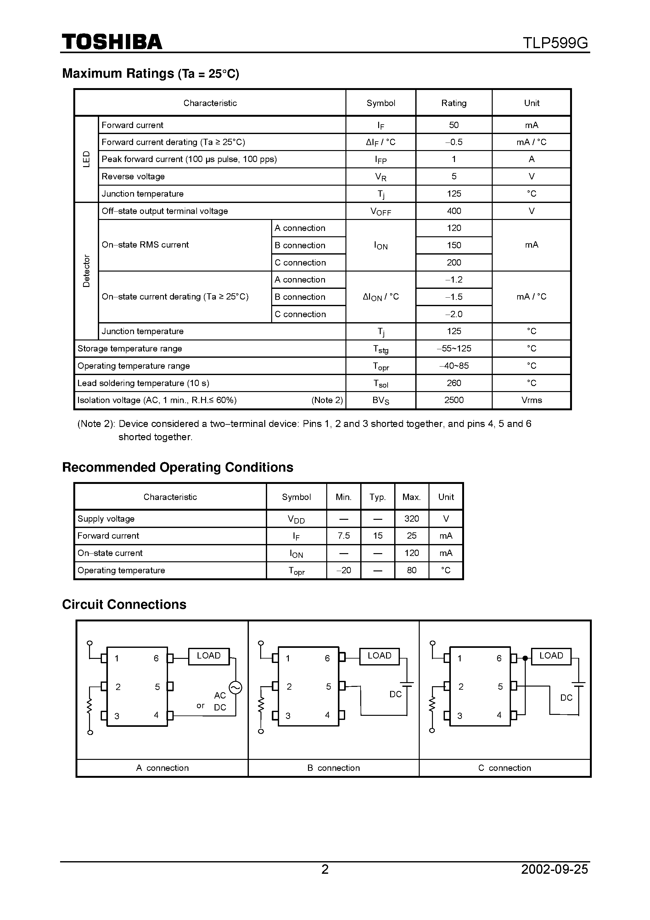 Даташит TLP599G - PHOTOCOUPLER PHOTO RELAY страница 2