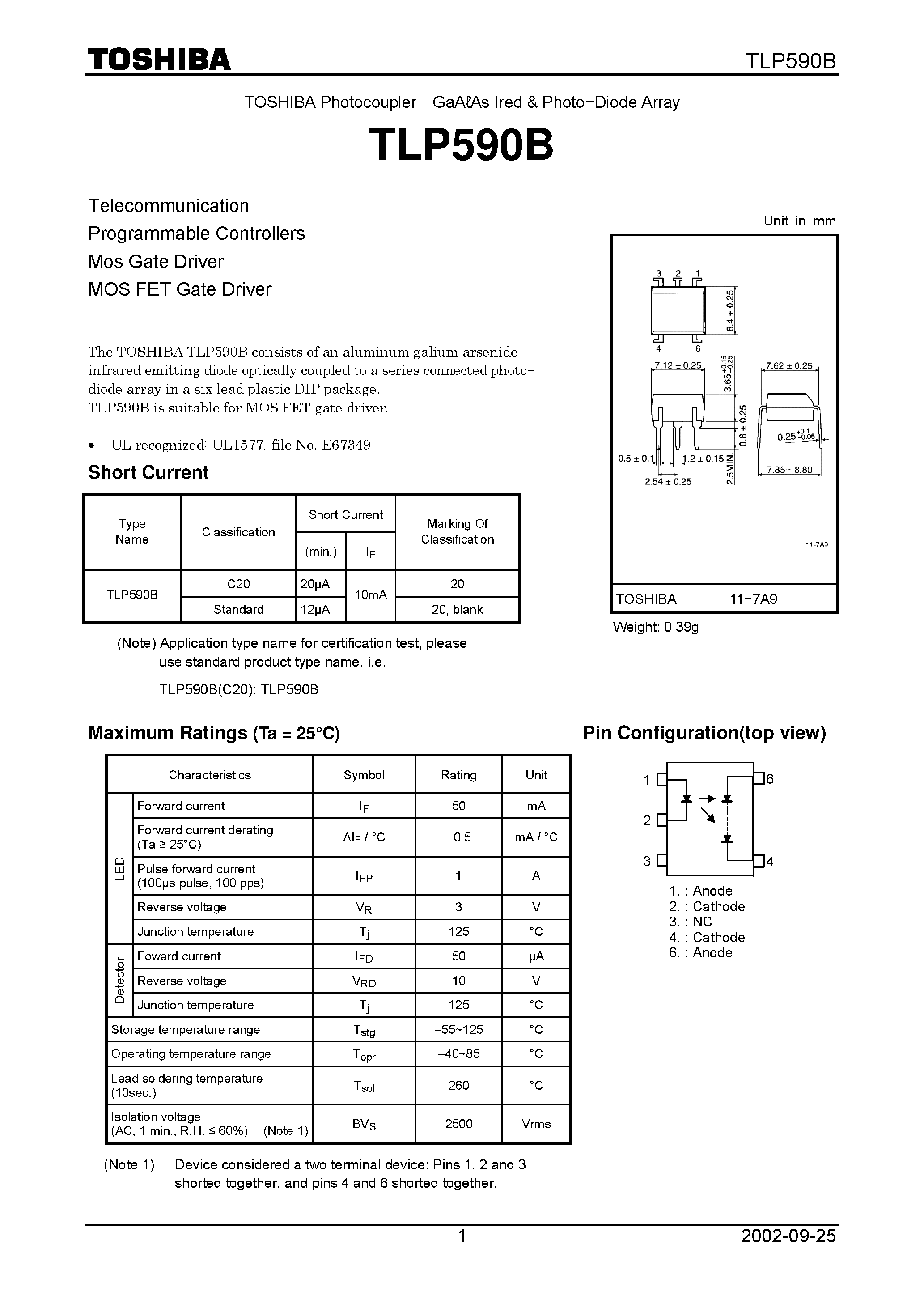 Даташит TLP590B - TOSHIBA Photocoupler GaALAs Ired & Photo Diode Array страница 1