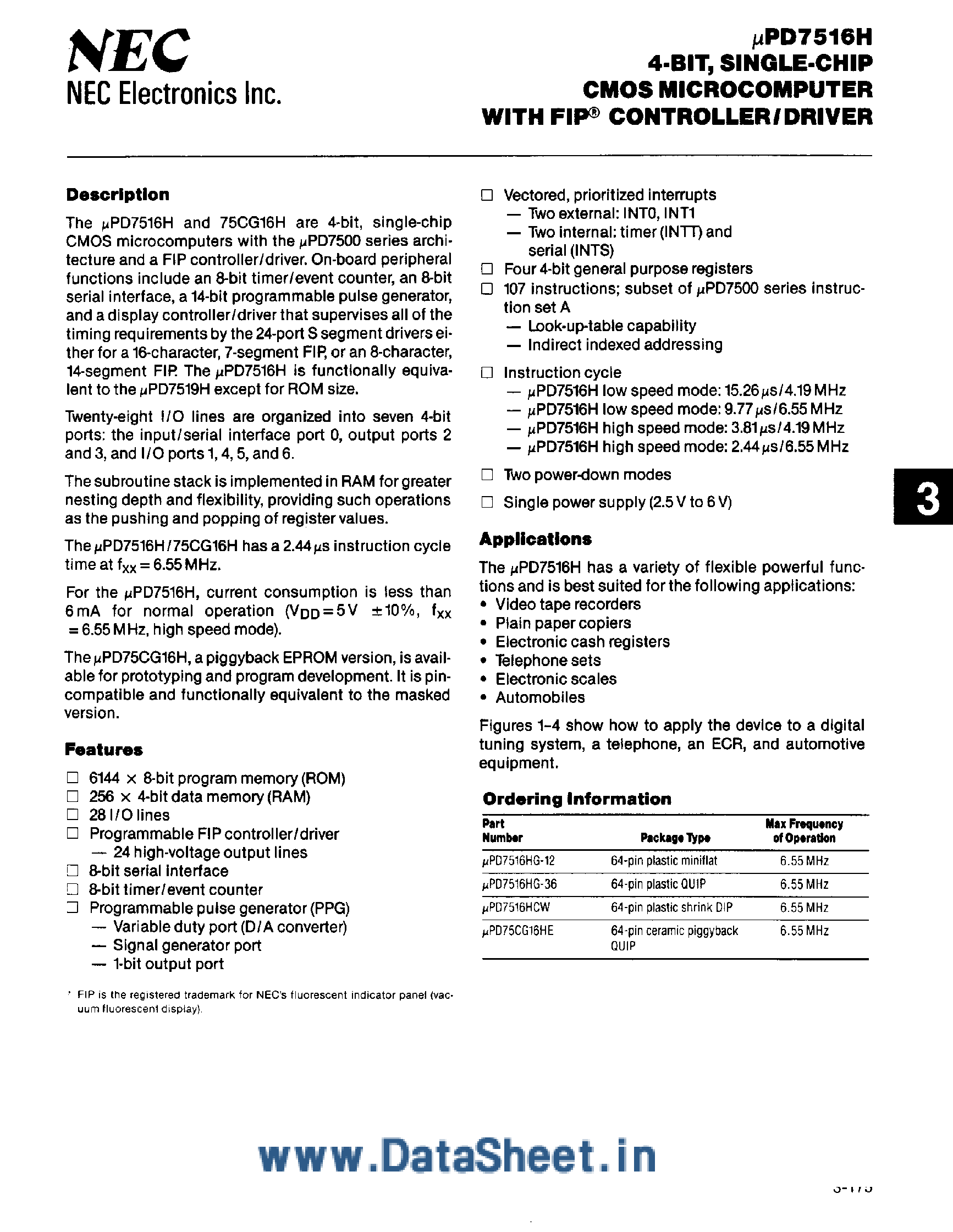 Datasheet UPD7516H - 4-Bit Single-Chip CMOS Microcomputer page 1