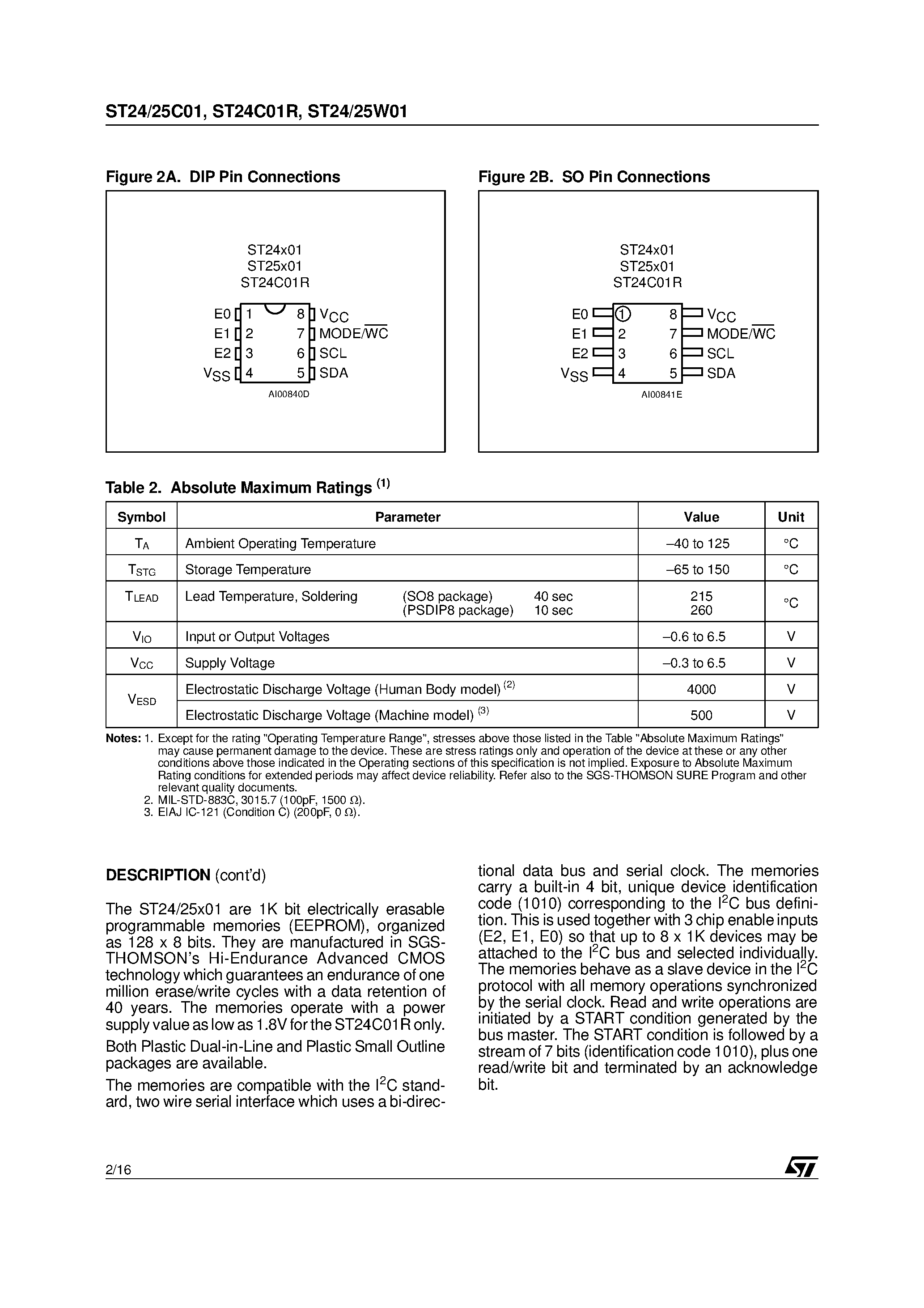 Даташит ST24C01 - (ST2xxx) SERIAL 1K 128 x 8 EEPROM страница 2
