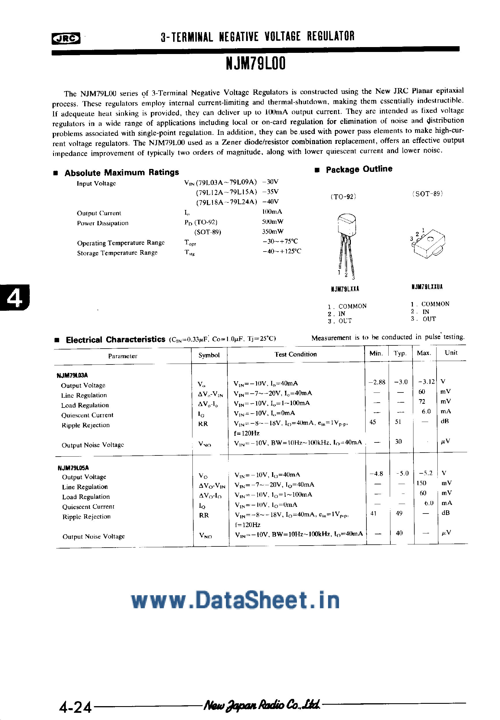 Datasheet NJM79M03A - (NJM79Mxx)3-Terminal Negative Voltage Regulator page 1