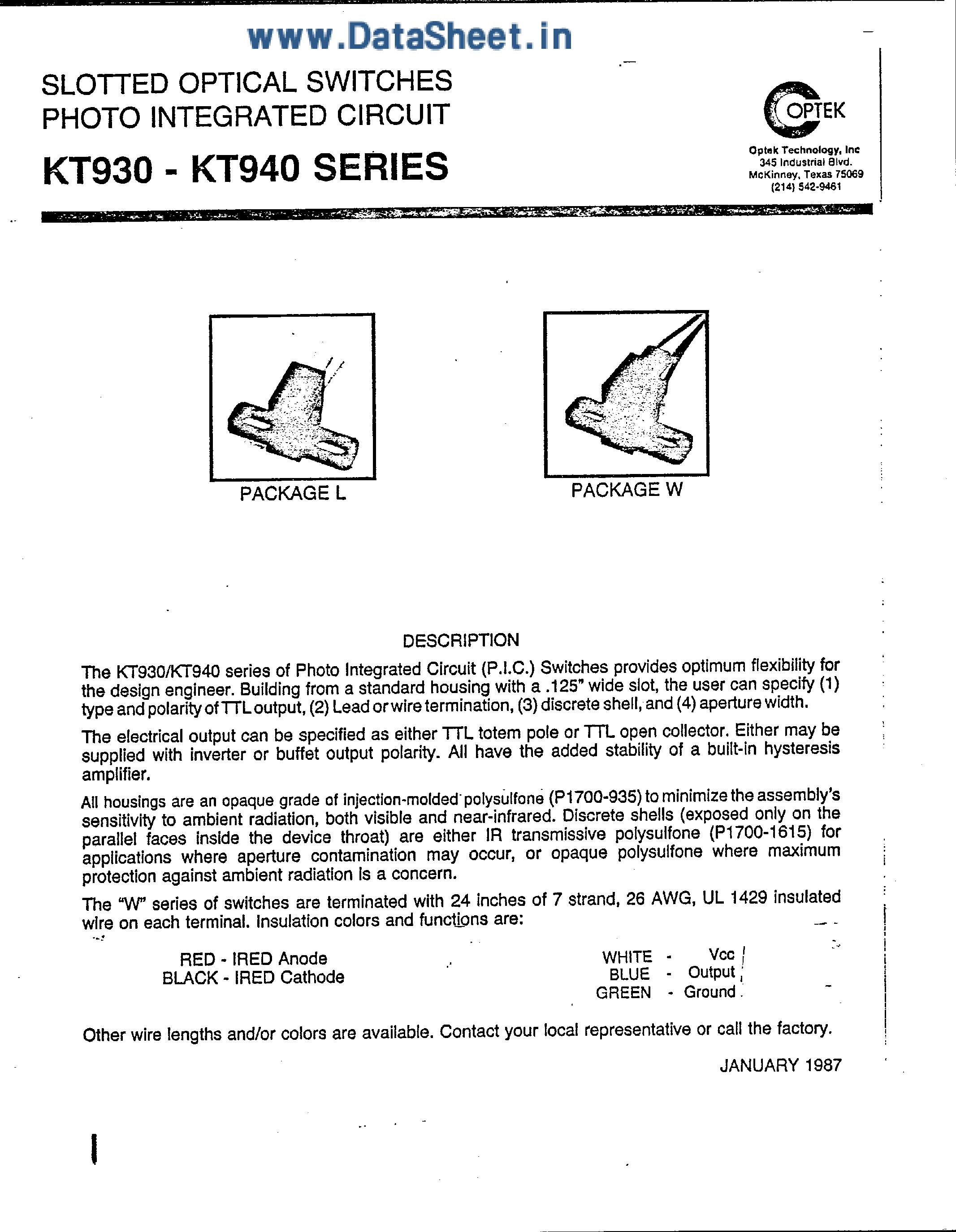 Datasheet KT930 - (KT93x - KT94x) Slotted Optical Switches Photo Integrated Circuit page 1